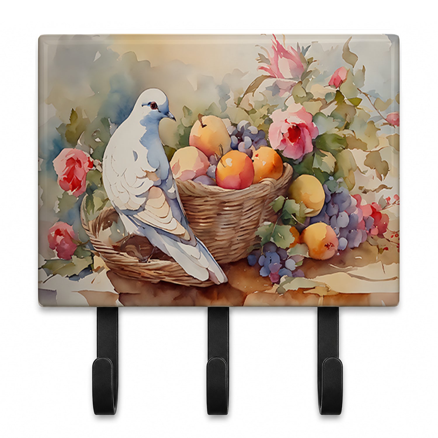 White Dove with Fruit Basket Still Life Leash or Key Holder Wall Hooks, Coat Rack Wall Mount, for Hanging Keys, Towels, Aprons, Leashes