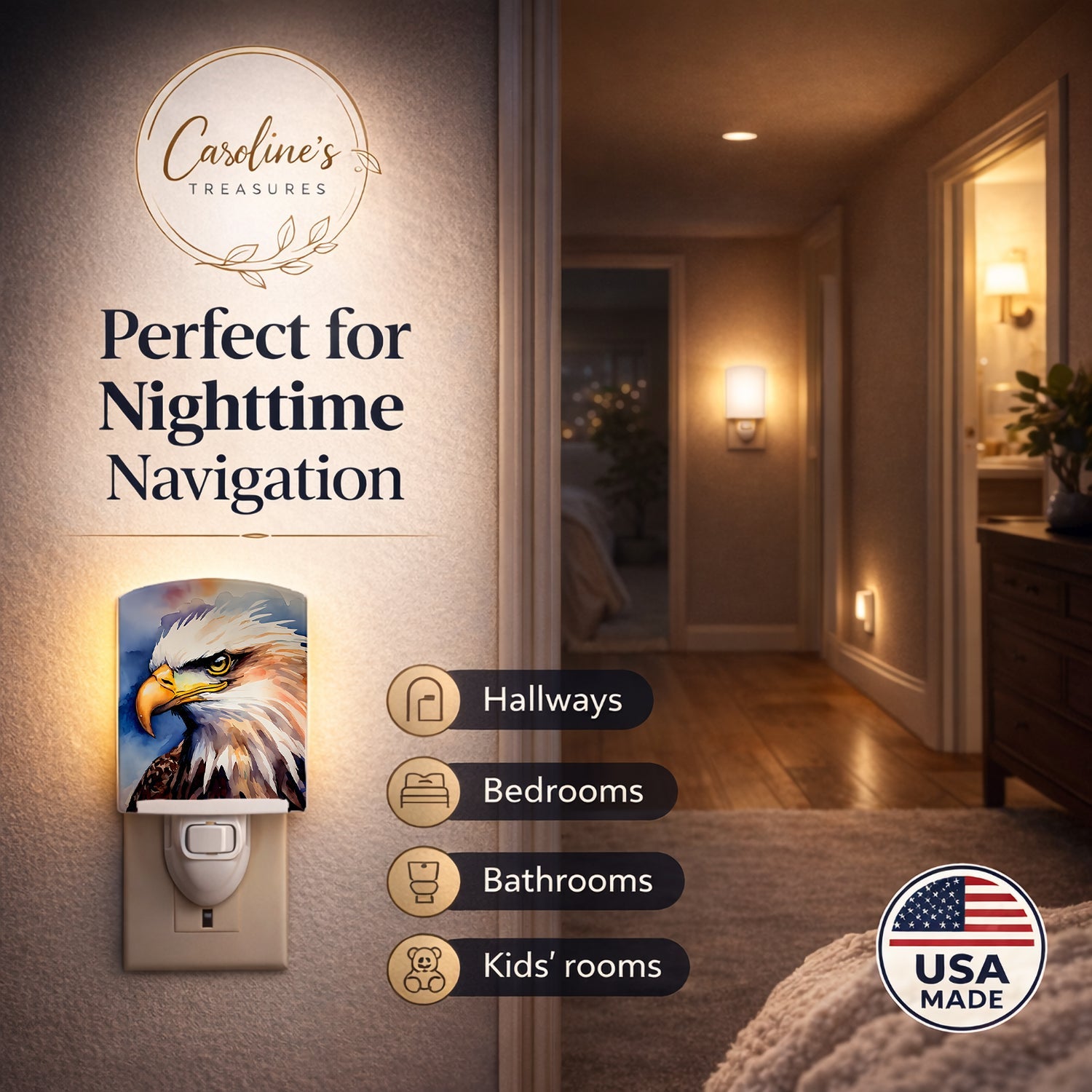 Bald Eagle Portrait Close-Up Ceramic Night Light Compact, UL-Certified, Ideal for Bedroom, Bathroom, Nursery, Hallway, Kitchen, 6x4x3, Multicolor
