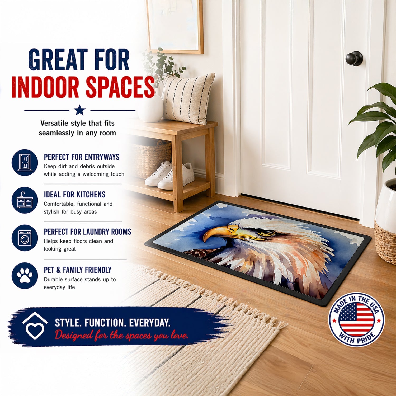 Bald Eagle Portrait Close-Up Doormat Indoor Outdoor 24H X 36W Front Door Mat Rugs for Entryway, Non Slip Washable Low Pile,