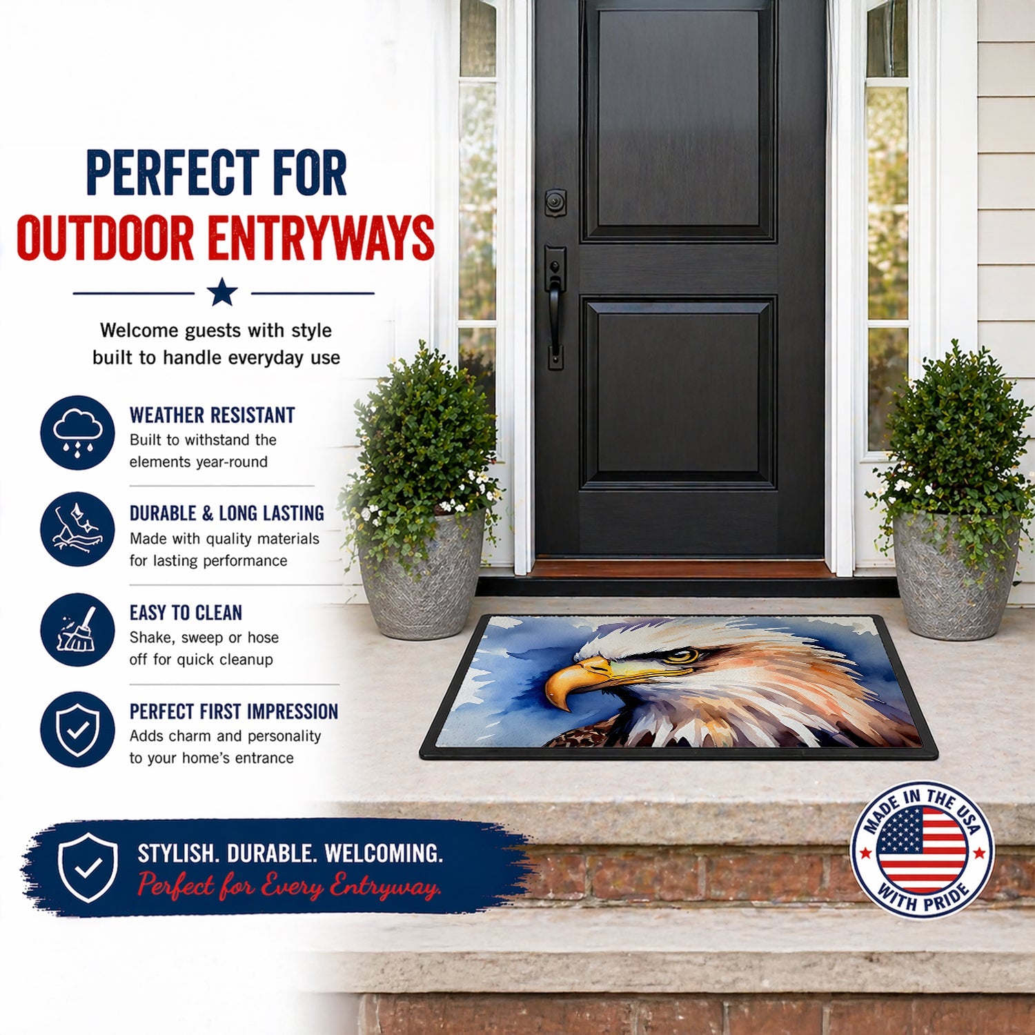 Bald Eagle Portrait Close-Up Doormat Indoor Outdoor 18H X 27W Front Door Mat Rugs for Entryway, Non Slip Washable