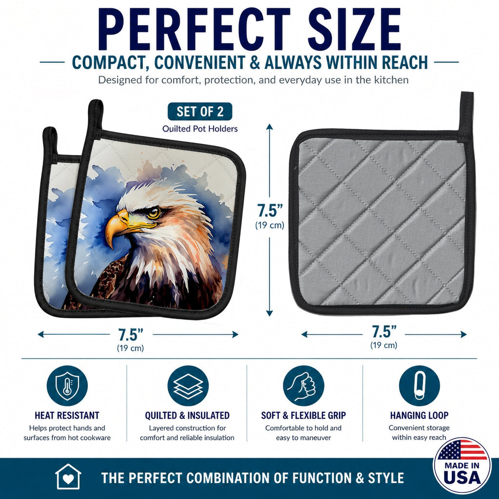 Bald Eagle Portrait Close-Up Pot Holder Set of 2 Heat Resistant Quilted Hot Pads 7.5 x 7.5 Inch, Insulated Kitchen Trivets for Cooking & Baking