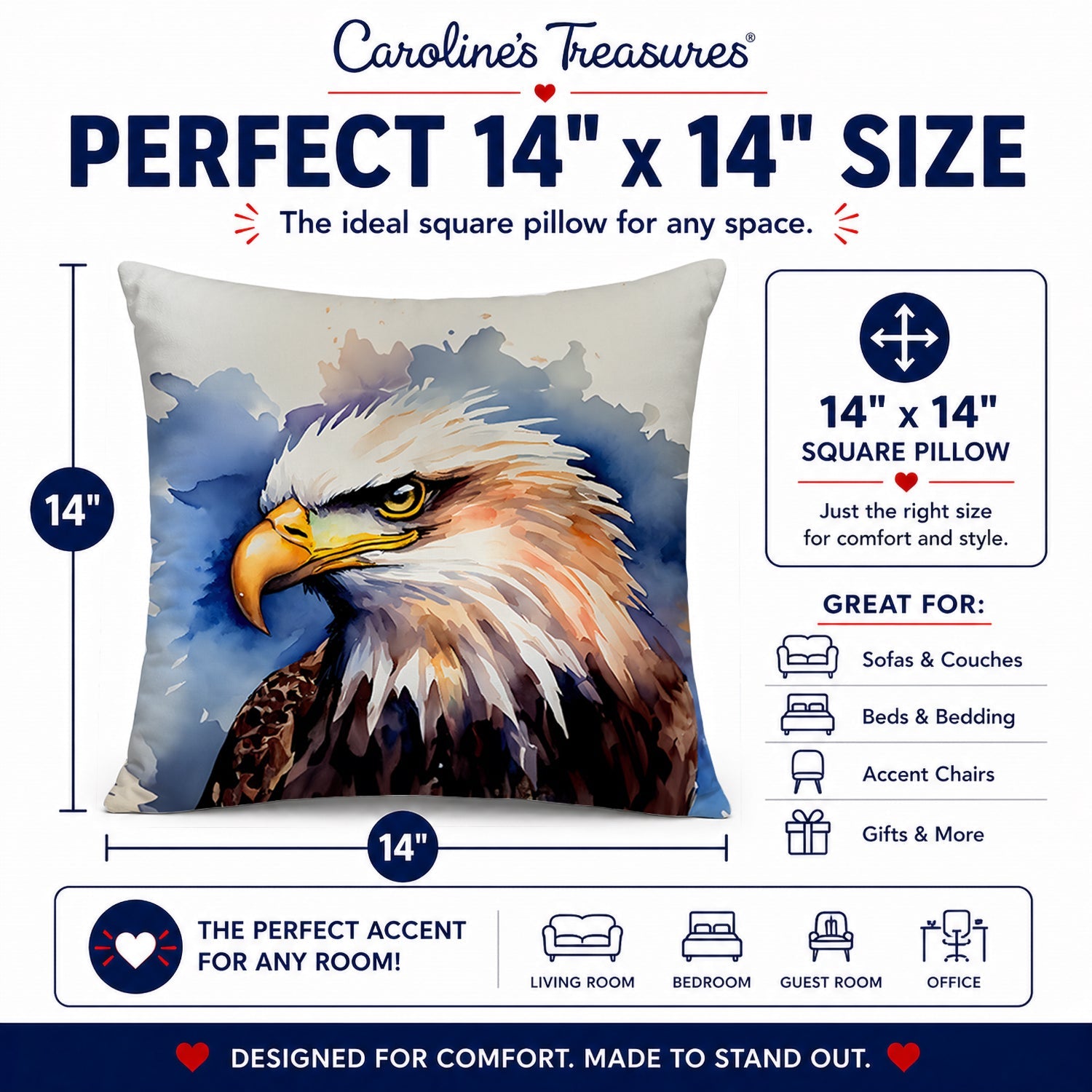 Bald Eagle Portrait Close-Up Decorative Throw Pillow 14x14 Indoor Outdoor Accent Cushion, Fabric Cover with Insert for Sofa, Bed, Porch & Living Room