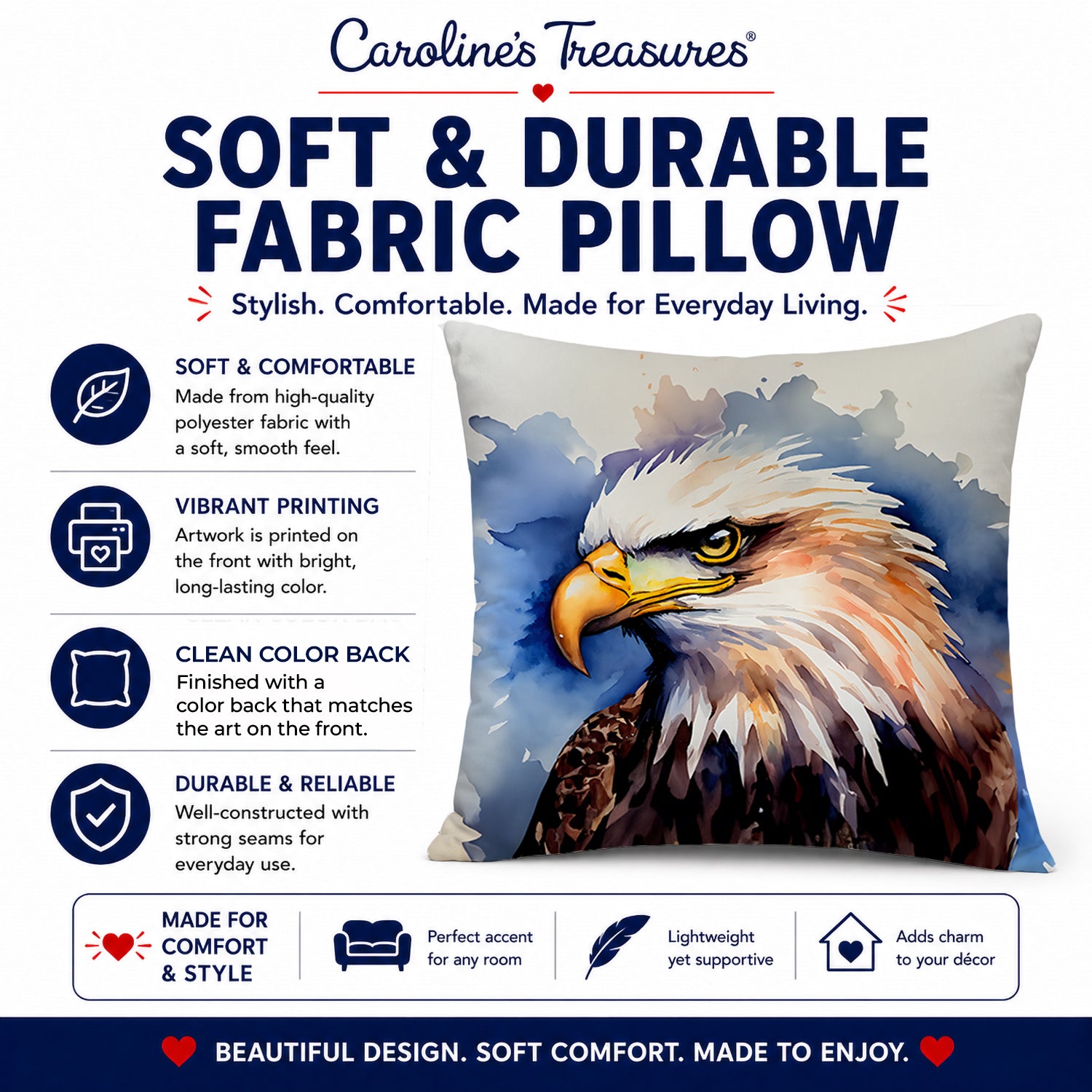 Bald Eagle Portrait Close-Up Decorative Throw Pillow 18x18 Indoor Outdoor Accent Cushion, Fabric Cover with Insert for Sofa, Bed, Porch & Living Room