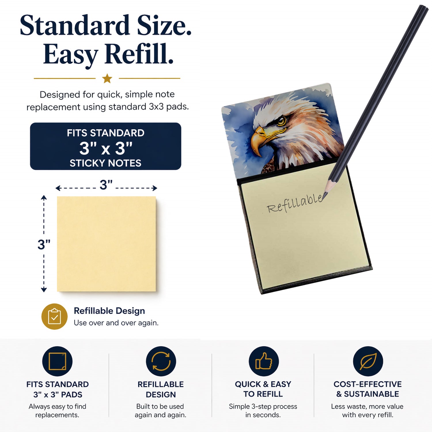 Bald Eagle Portrait Close-Up Watercolor Sticky Note Holder Refillable Dispenser Desk Accessory 3x3 Pad Gift