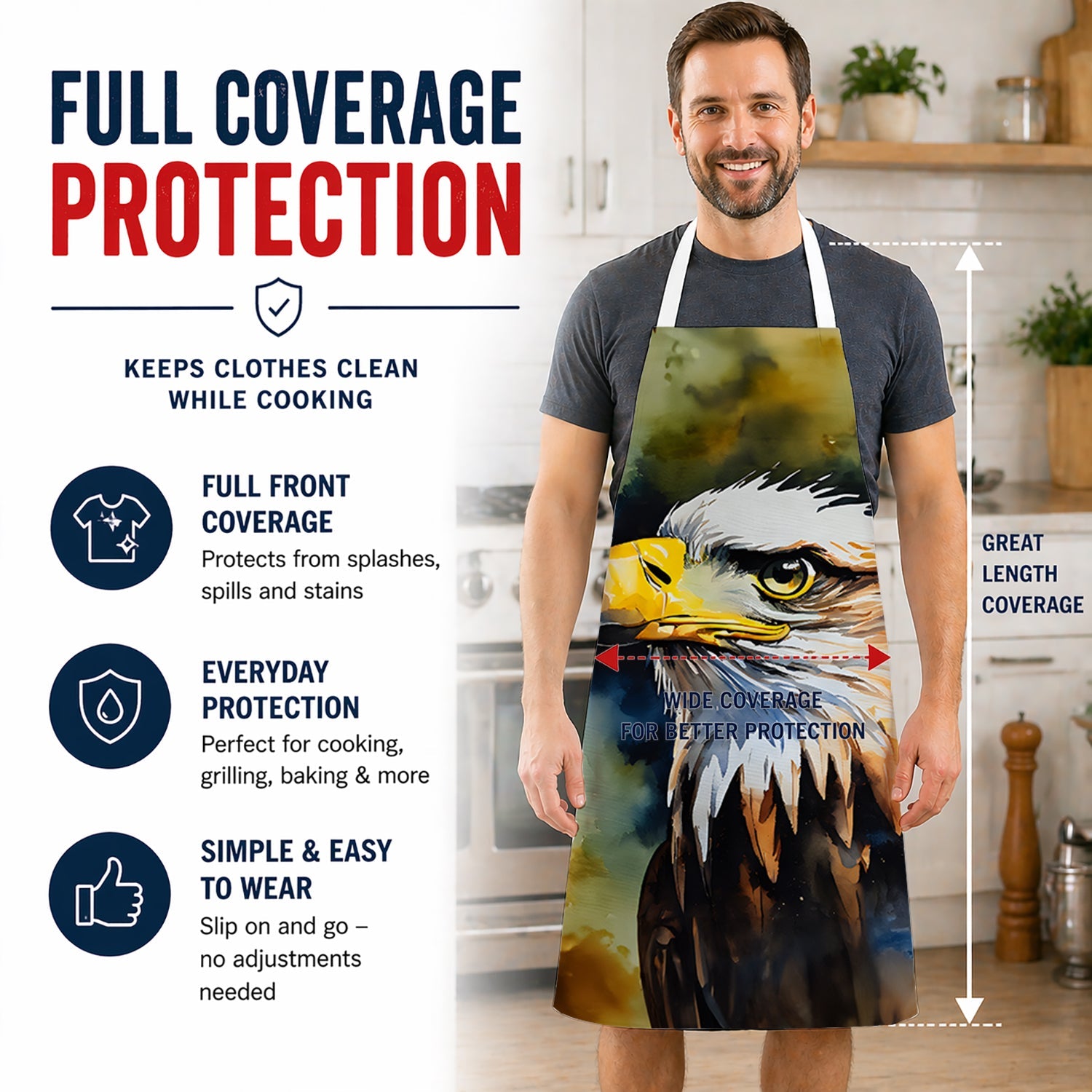 Bald Eagle Portrait Wildlife Apron Cooking Kitchen Server Baking Crafts Gardening for Adult Women Men, Unisex, Large, Multicolor