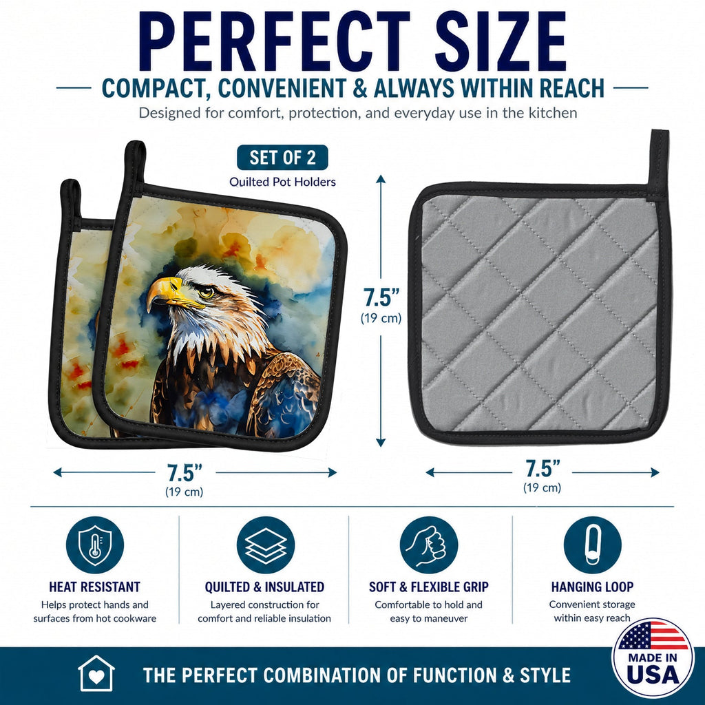 Bald Eagle Portrait Wildlife Pot Holder Set of 2 Heat Resistant Quilted Hot Pads 7.5 x 7.5 Inch, Insulated Kitchen Trivets for Cooking & Baking