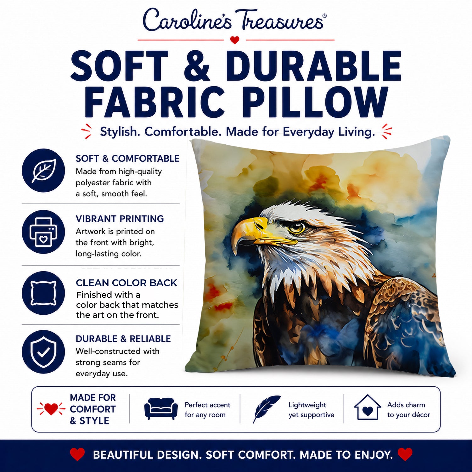 Bald Eagle Portrait Wildlife Decorative Throw Pillow 14x14 Indoor Outdoor Accent Cushion, Fabric Cover with Insert for Sofa, Bed, Porch & Living Room