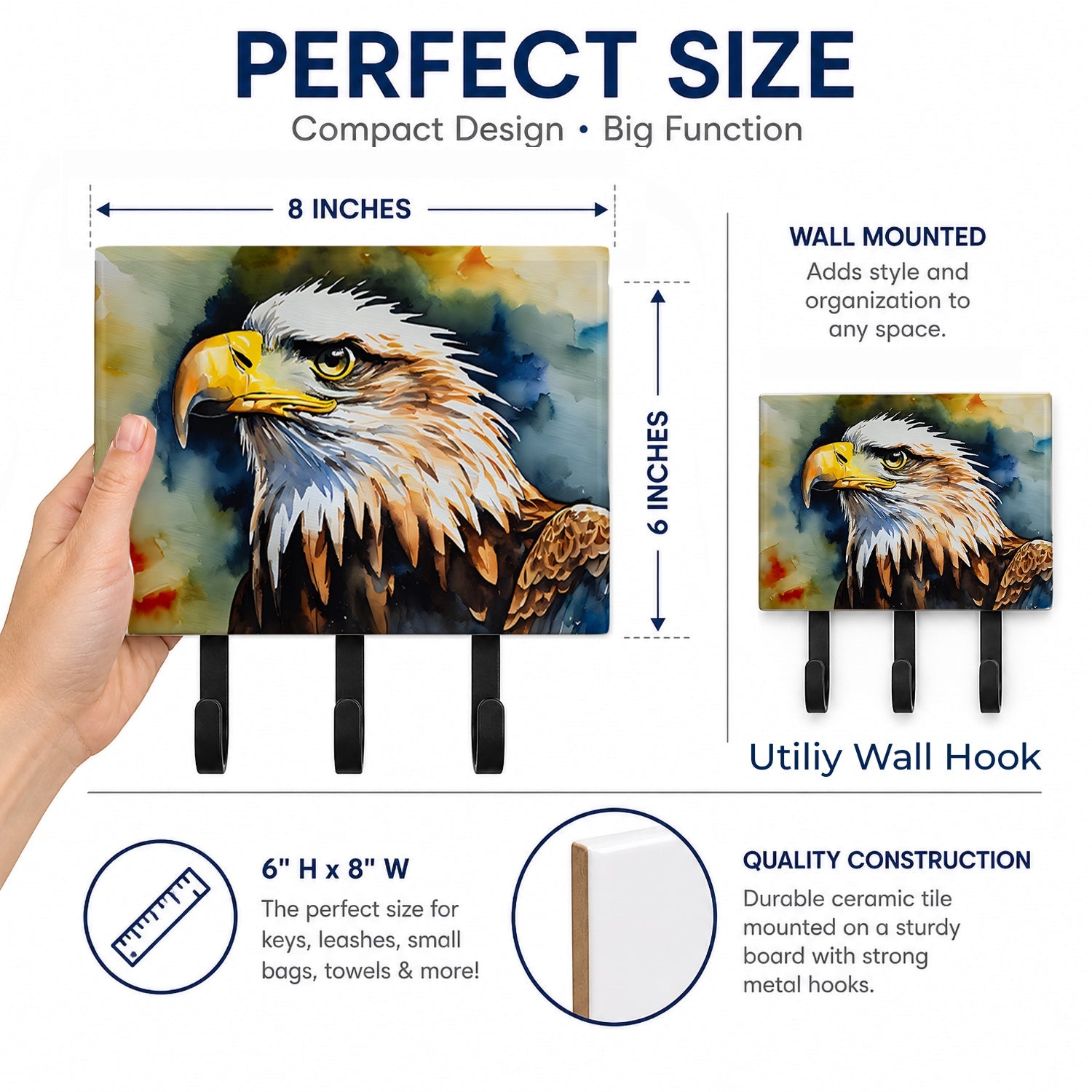 Bald Eagle Portrait Wildlife Leash or Key Holder Wall Hooks, Coat Rack Wall Mount, for Hanging Keys, Towels, Aprons, Leashes