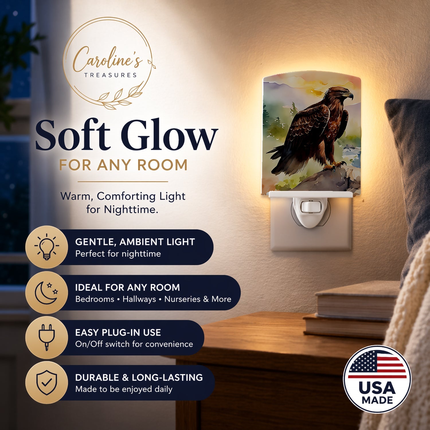 Bald Eagle Perched Mountain Landscape Ceramic Night Light Compact, UL-Certified, Ideal for Bedroom, Bathroom, Nursery, Hallway, Kitchen, 6x4x3, Multicolor