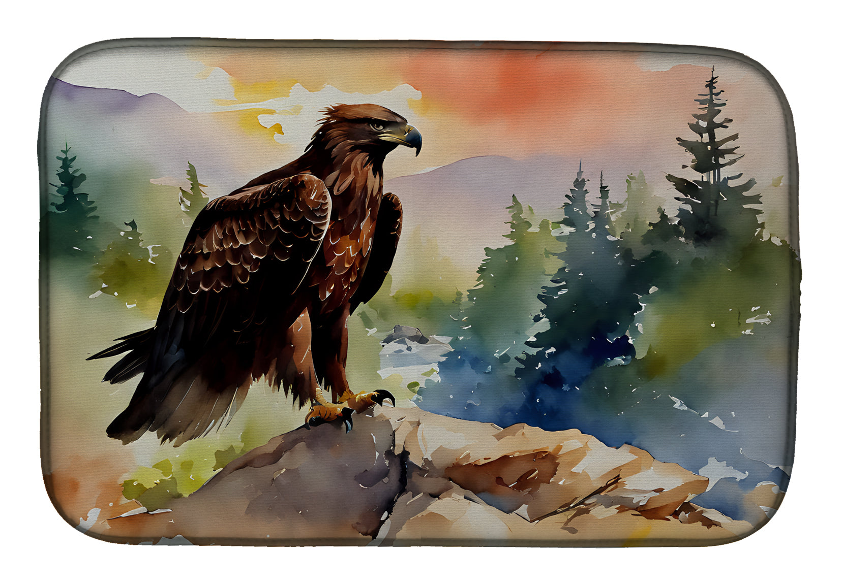 Bald Eagle Perched Mountain Landscape Dish Drying Mat Absorbent Dish Drying Mat Pad for Kitchen Counter Dish Drainer Mat for Countertop, 14 x 21", Multicolor