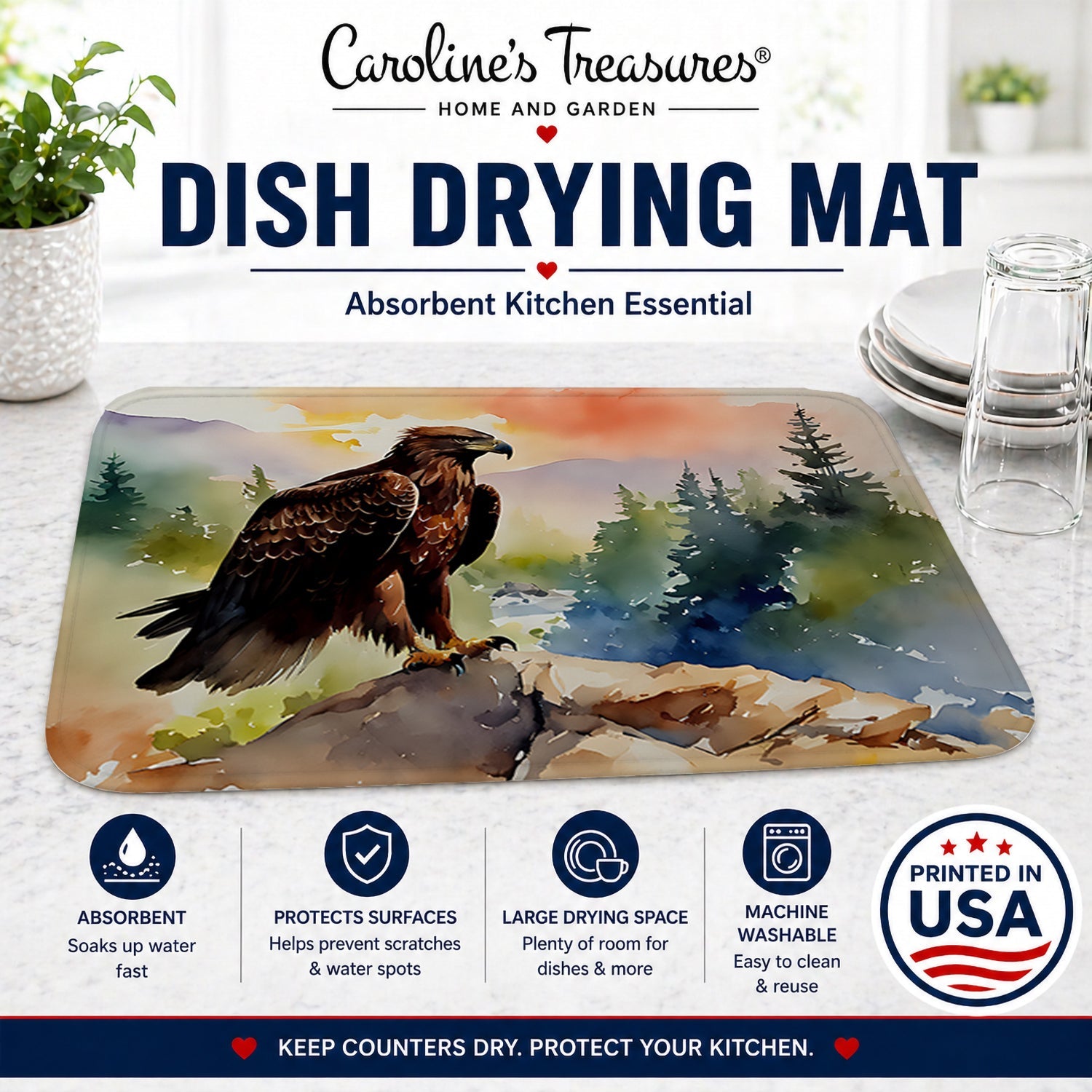 Bald Eagle Perched Mountain Landscape Dish Drying Mat Absorbent Dish Drying Mat Pad for Kitchen Counter Dish Drainer Mat for Countertop, 14 x 21", Multicolor