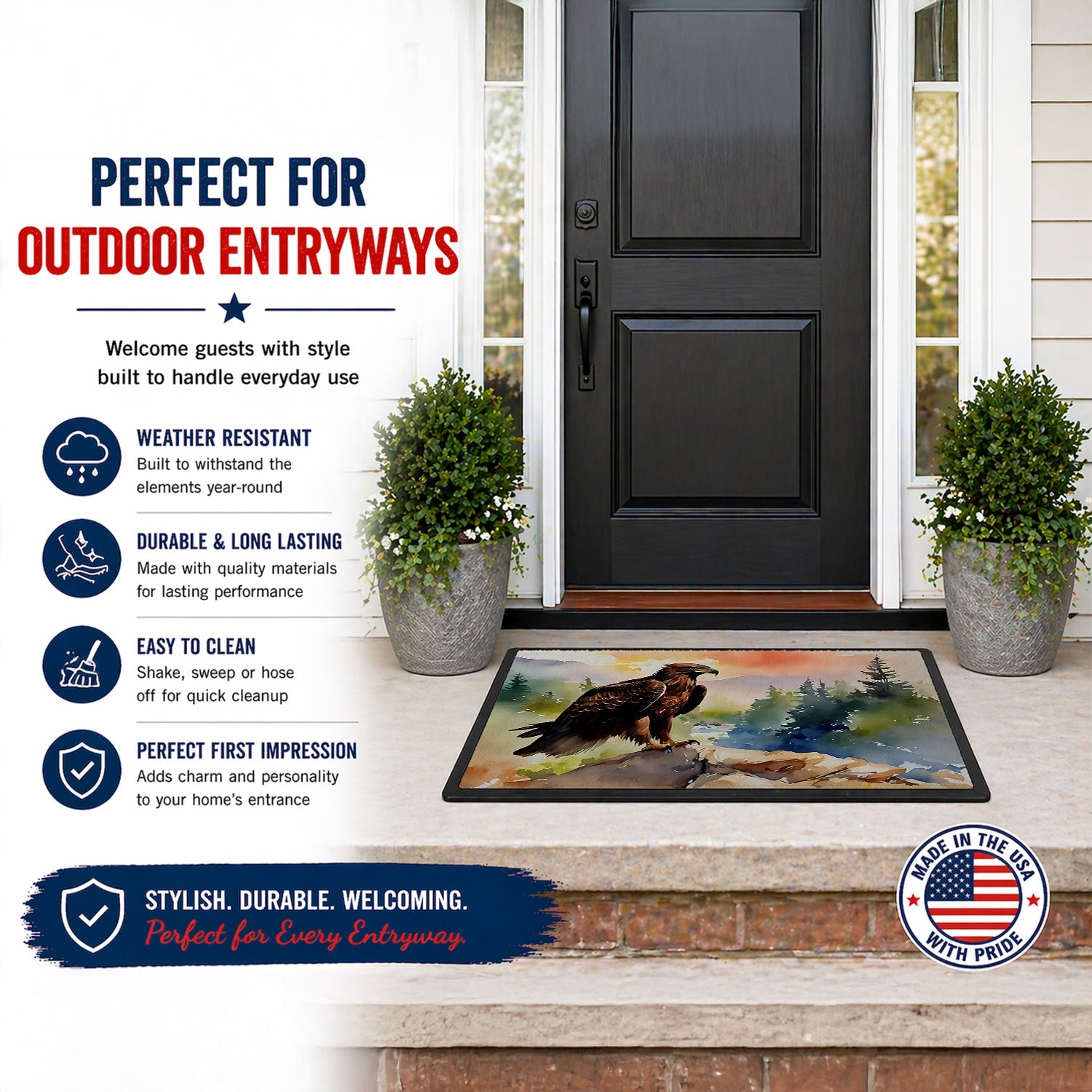 Bald Eagle Perched Mountain Landscape Doormat Indoor Outdoor 18H X 27W Front Door Mat Rugs for Entryway, Non Slip Washable