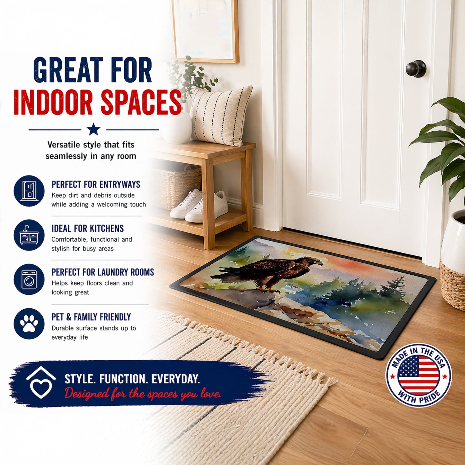 Bald Eagle Perched Mountain Landscape Doormat Indoor Outdoor 18H X 27W Front Door Mat Rugs for Entryway, Non Slip Washable