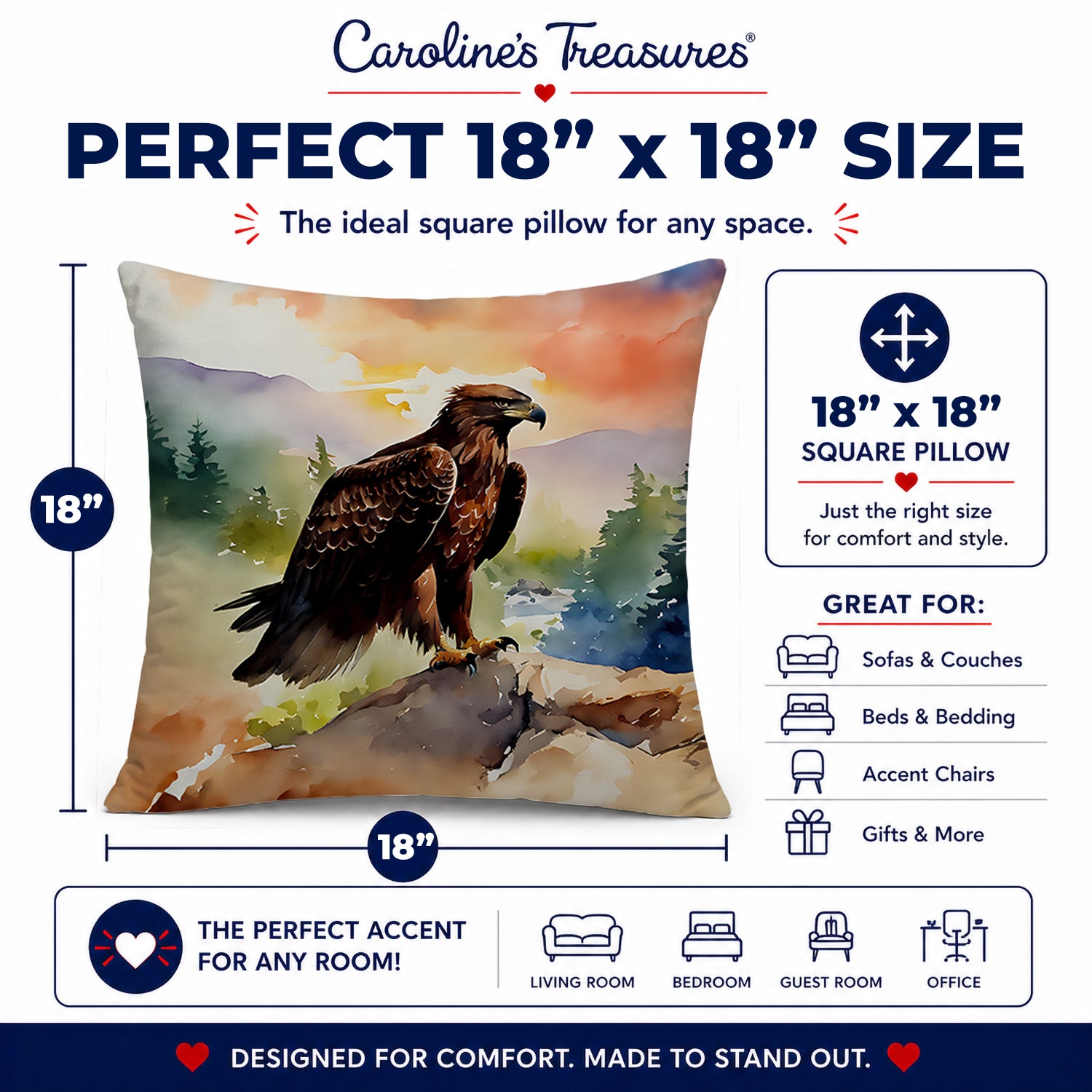 Bald Eagle Perched Mountain Landscape Decorative Throw Pillow 18x18 Indoor Outdoor Accent Cushion, Fabric Cover with Insert for Sofa, Bed, Porch & Living Room