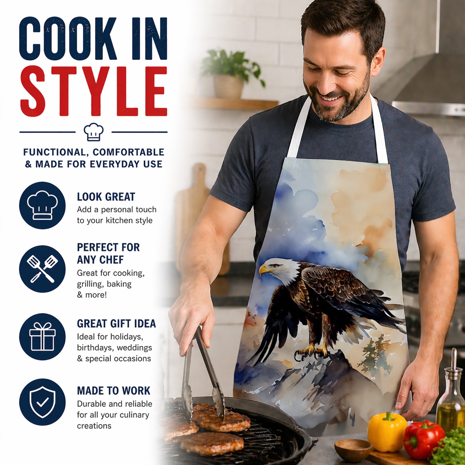 Bald Eagle Perched Rock Wildlife Apron Cooking Kitchen Server Baking Crafts Gardening for Adult Women Men, Unisex, Large, Multicolor