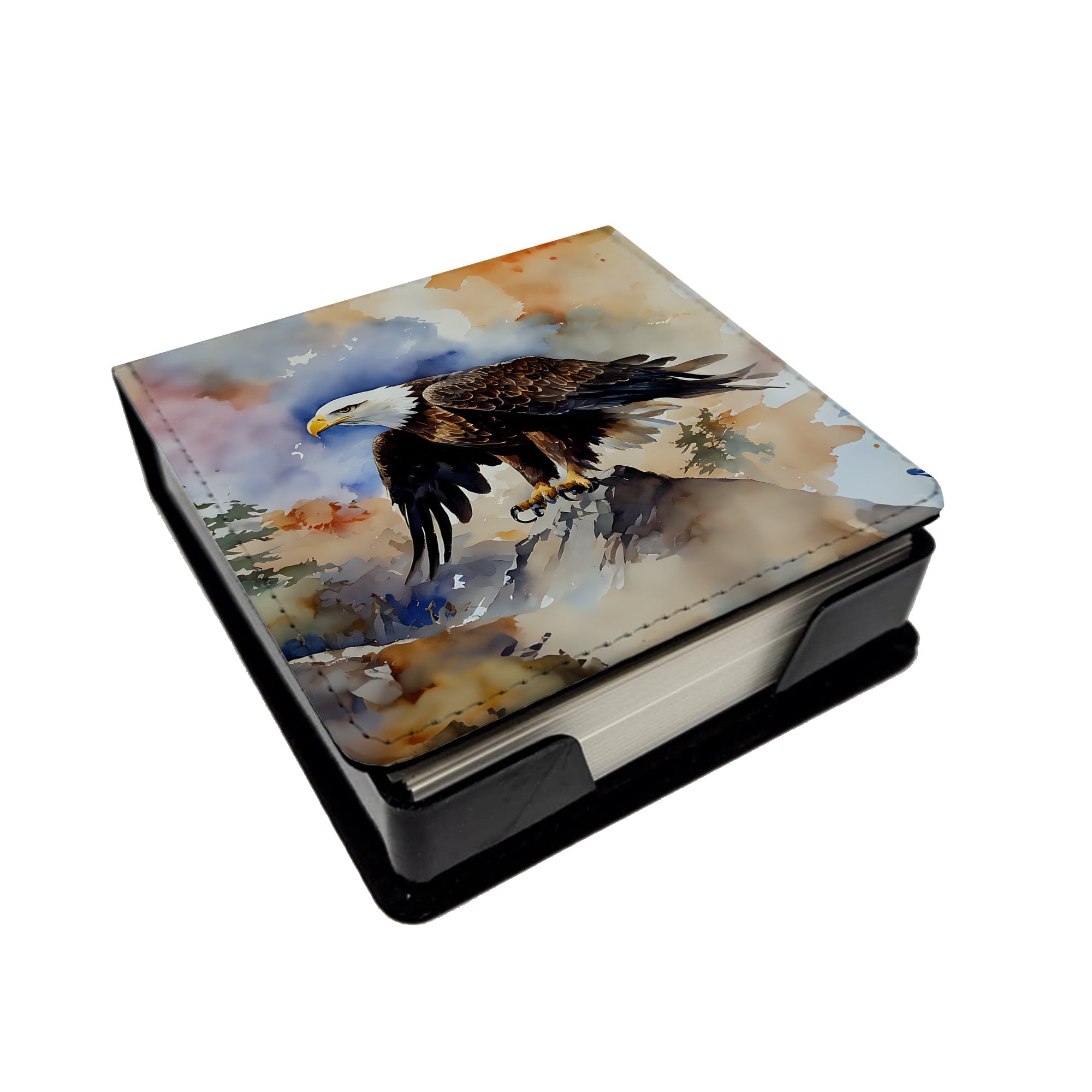 Bald Eagle Perched Rock Wildlife PU Leather Note Paper Holder with Artist-Designed Cover, Desk Accessory, Office Gift