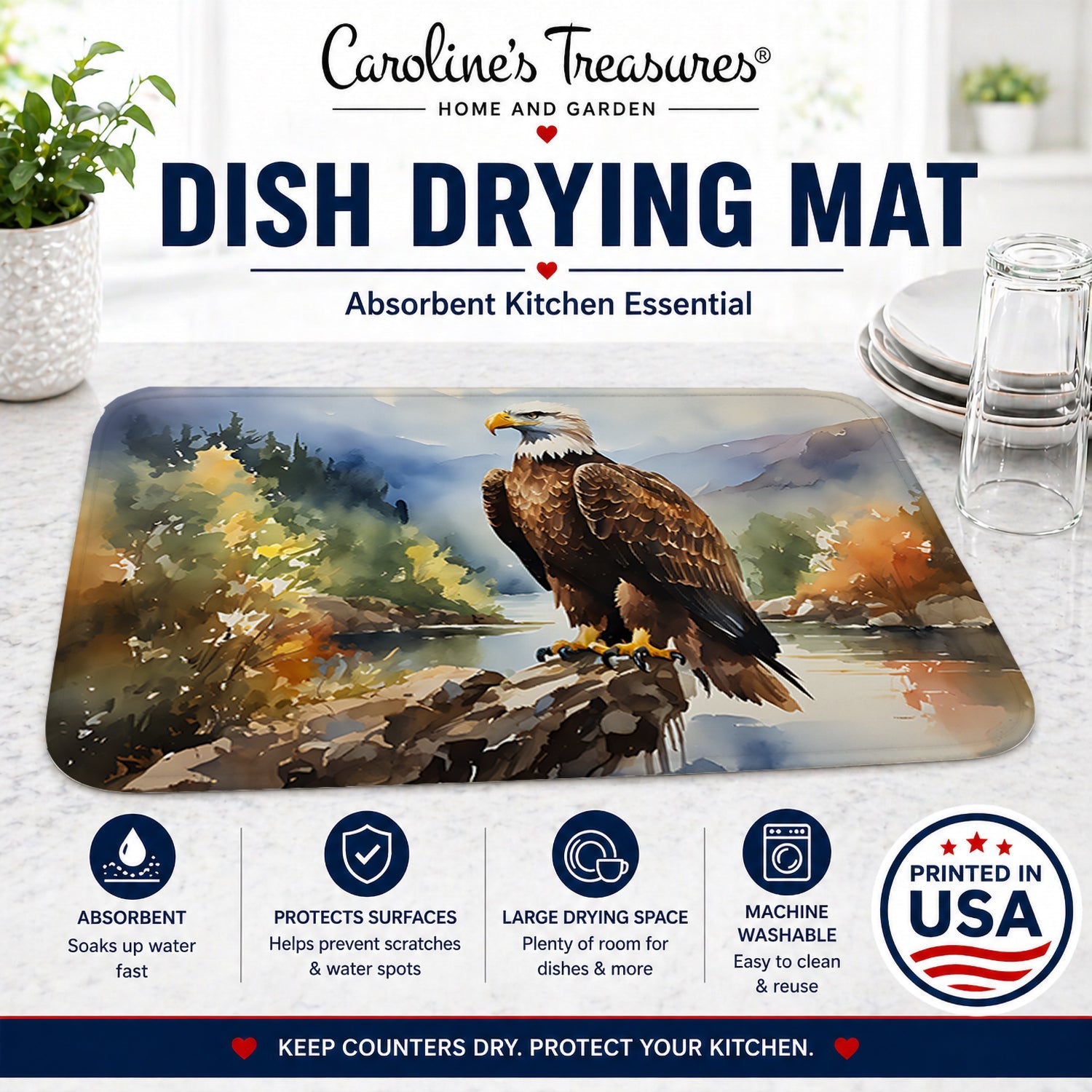 Bald Eagle Mountain Scene Dish Drying Mat Absorbent Dish Drying Mat Pad for Kitchen Counter Dish Drainer Mat for Countertop, 14 x 21", Multicolor
