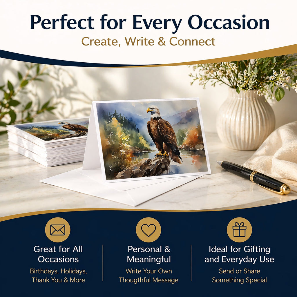 Bald Eagle Mountain Scene Greeting Cards Pack of 8 Blank Cards with Envelopes Whimsical A7 Size 5x7