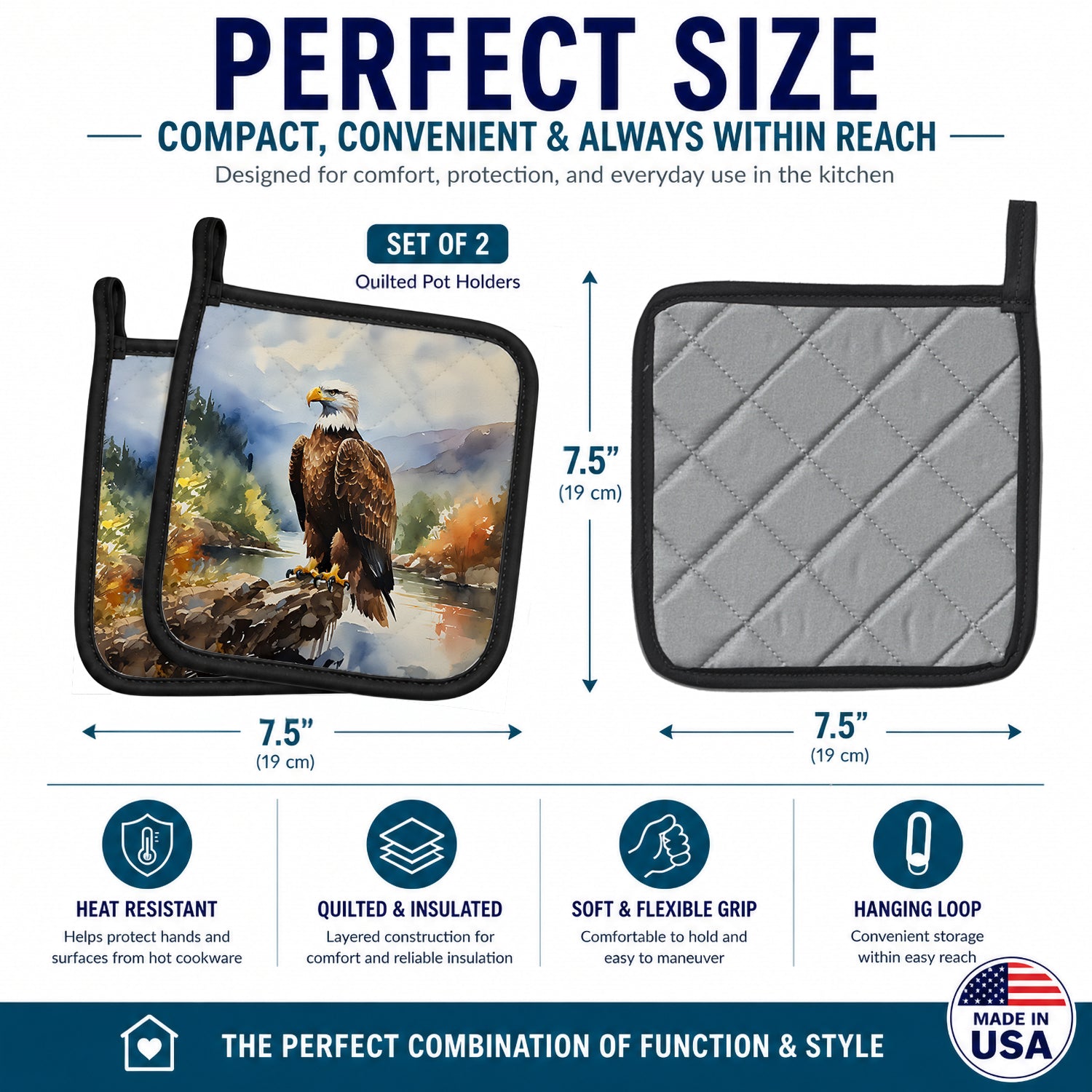 Bald Eagle Mountain Scene Pot Holder Set of 2 Heat Resistant Quilted Hot Pads 7.5 x 7.5 Inch, Insulated Kitchen Trivets for Cooking & Baking