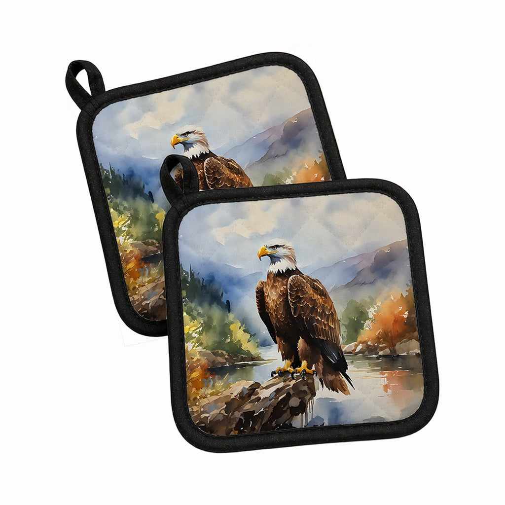 Bald Eagle Mountain Scene Pot Holder Set of 2 Heat Resistant Quilted Hot Pads 7.5 x 7.5 Inch, Insulated Kitchen Trivets for Cooking & Baking