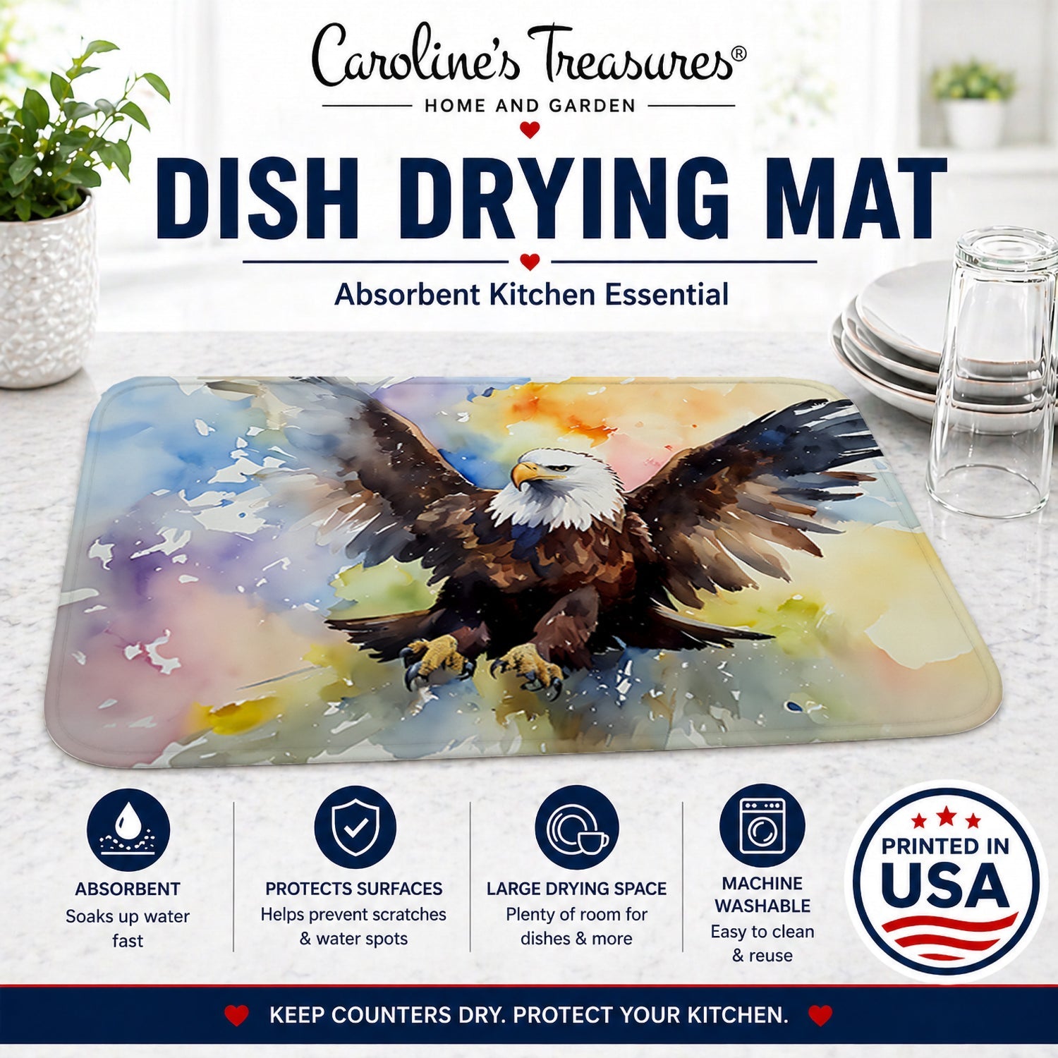 Bald Eagle Flying Wings Spread Dish Drying Mat Absorbent Dish Drying Mat Pad for Kitchen Counter Dish Drainer Mat for Countertop, 14 x 21", Multicolor