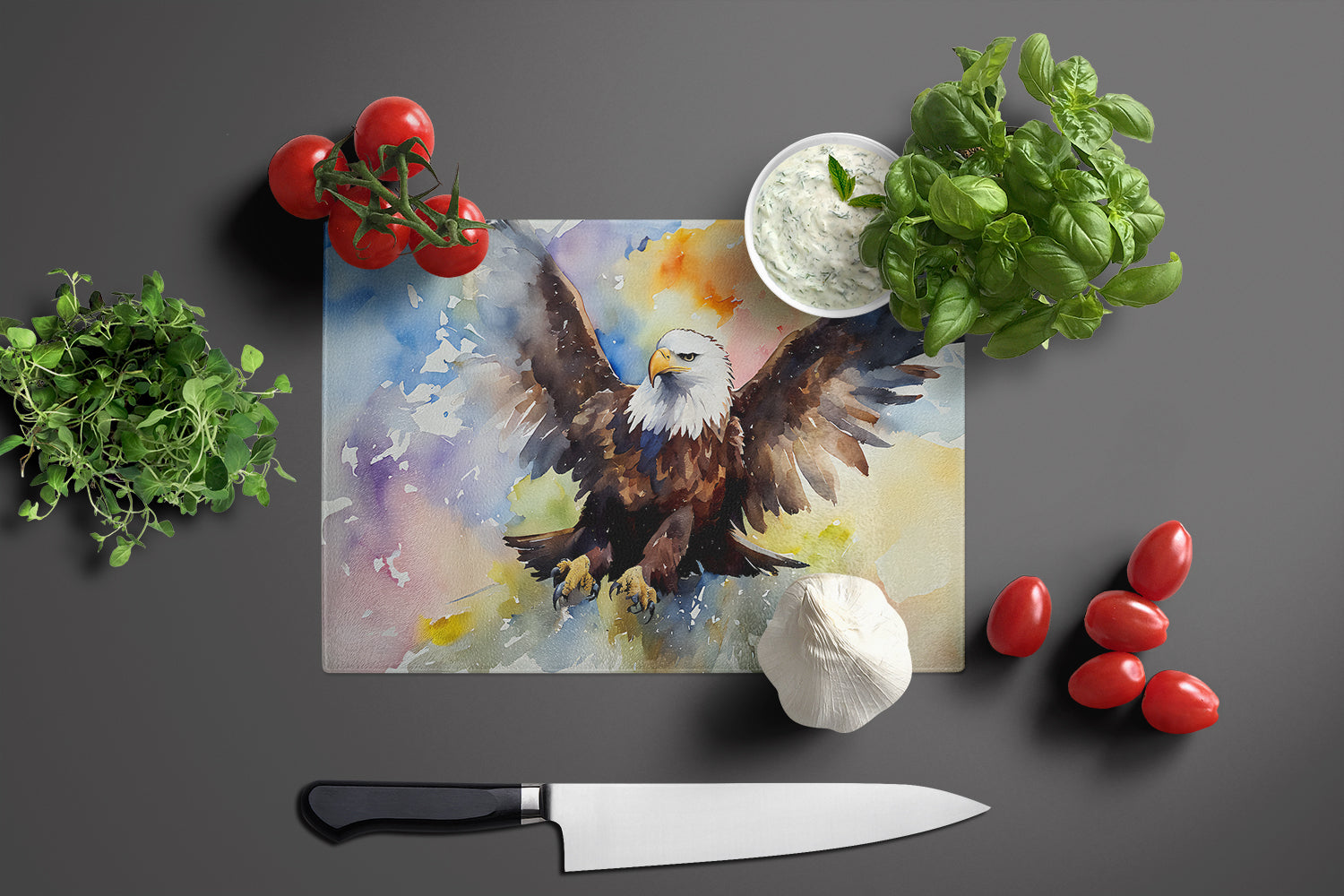 Bald Eagle Flying Wings Spread Cutting Board Tempered Glass Kitchen Cutting Surface, Heat Resistant Chopping, Non-Slip Feet, Food Prep & Serving