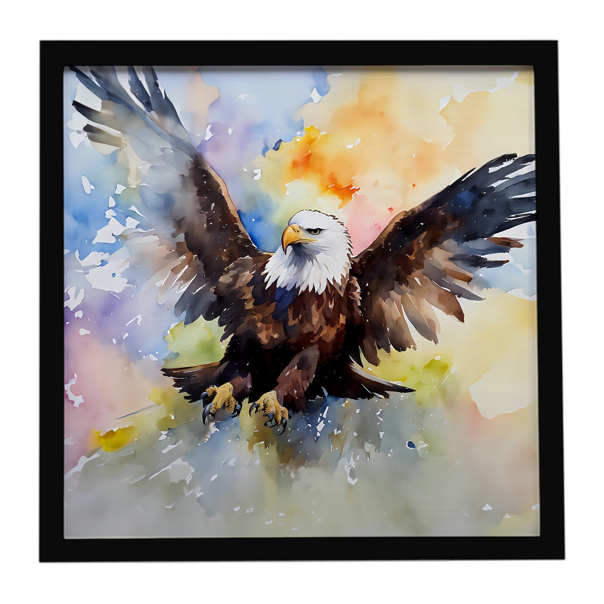 Bald Eagle Flying Wings Spread Framed Metal Print Bathroom, Kitchen, Office, Home Decor Wall Art Ready to Hang, Square, 8X8