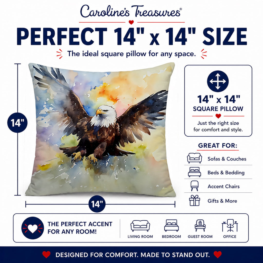 Bald Eagle Flying Wings Spread Decorative Throw Pillow 14x14 Indoor Outdoor Accent Cushion, Fabric Cover with Insert for Sofa, Bed, Porch & Living Room