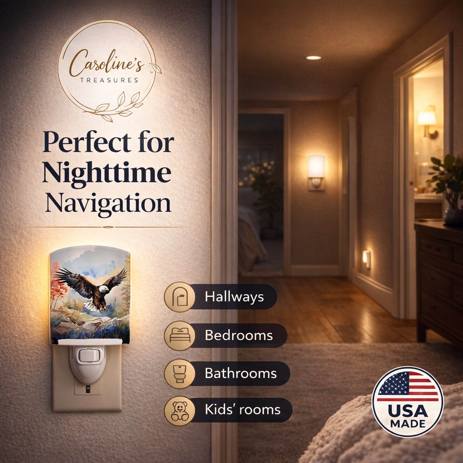 Bald Eagle Landing Wings Spread Ceramic Night Light Compact, UL-Certified, Ideal for Bedroom, Bathroom, Nursery, Hallway, Kitchen, 6x4x3, Multicolor