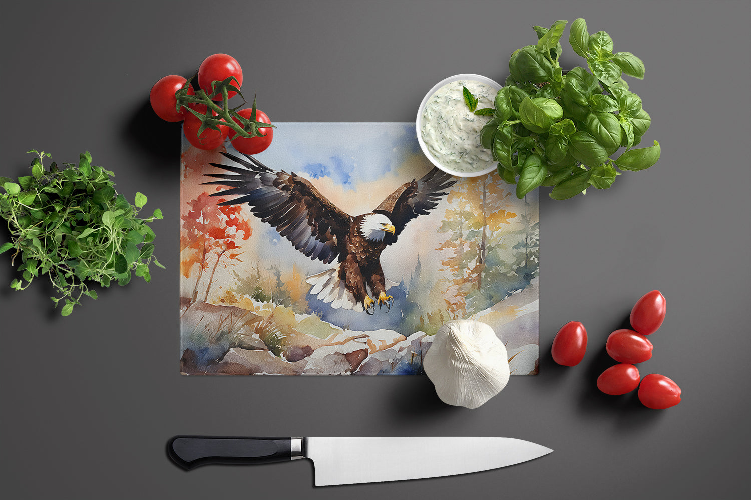 Bald Eagle Landing Wings Spread Cutting Board Tempered Glass Kitchen Cutting Surface, Heat Resistant Chopping, Non-Slip Feet, Food Prep & Serving