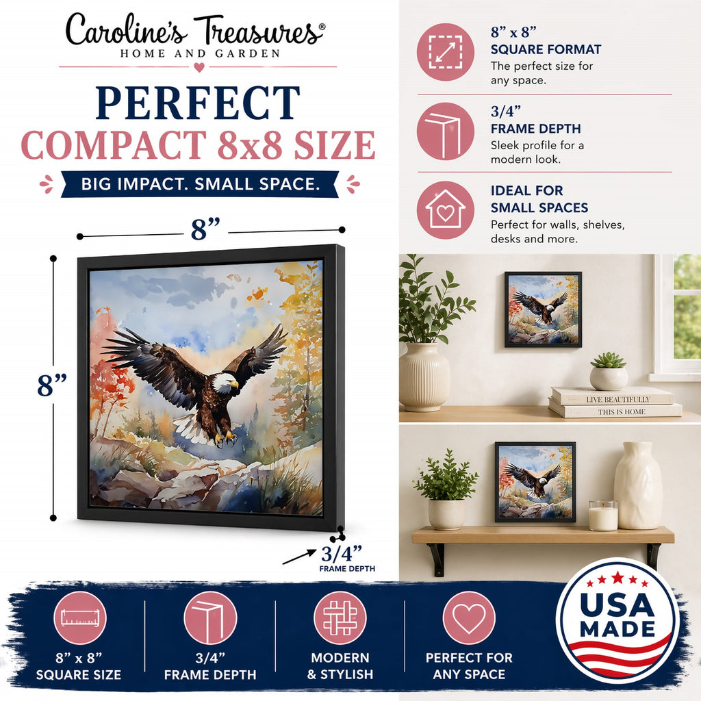 Bald Eagle Landing Wings Spread Framed Metal Print Bathroom, Kitchen, Office, Home Decor Wall Art Ready to Hang, Square, 8X8