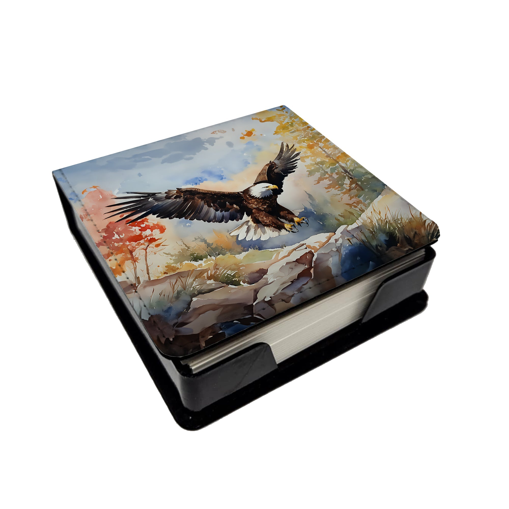 Bald Eagle Landing Wings Spread PU Leather Note Paper Holder with Artist-Designed Cover, Desk Accessory, Office Gift