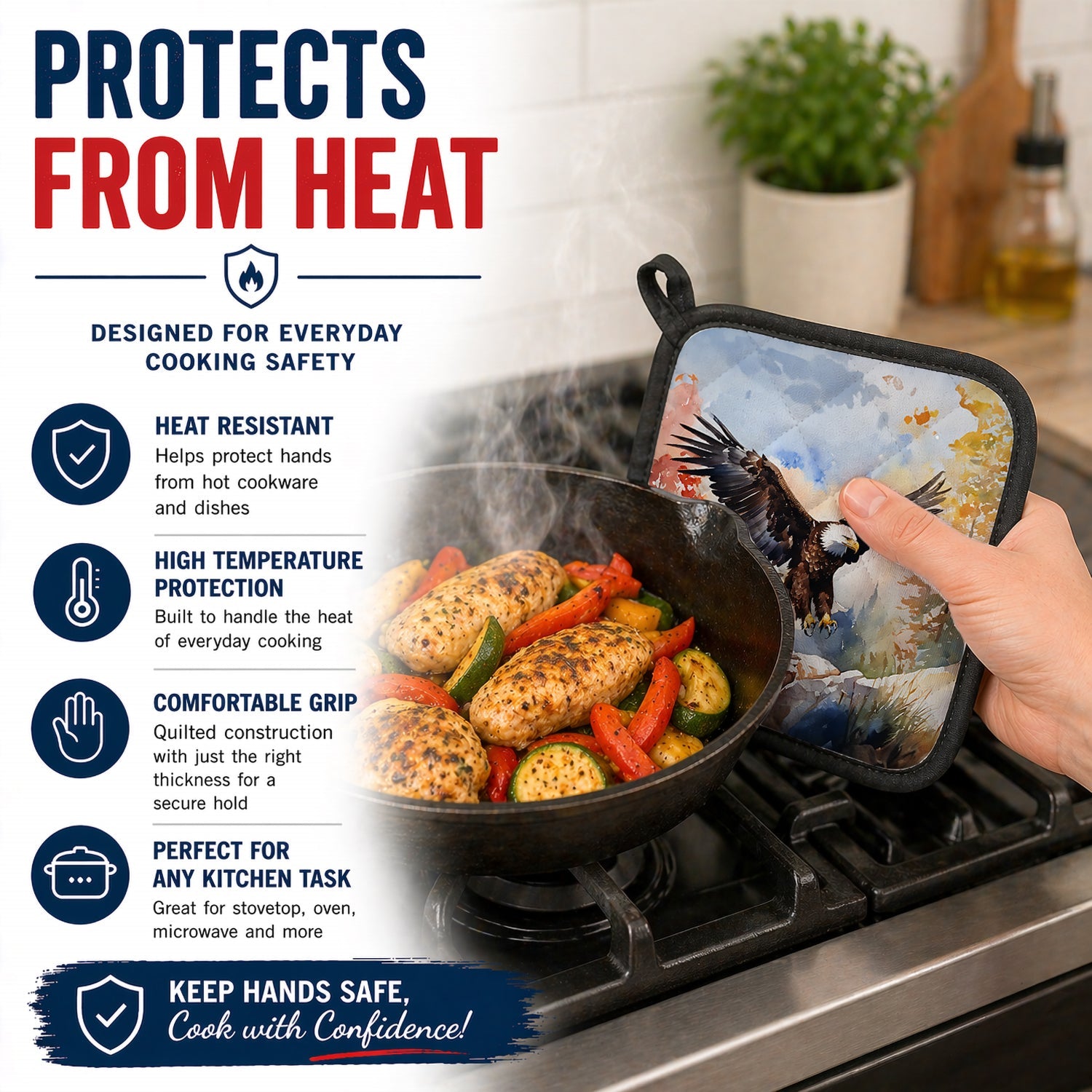 Bald Eagle Landing Wings Spread Pot Holder Set of 2 Heat Resistant Quilted Hot Pads 7.5 x 7.5 Inch, Insulated Kitchen Trivets for Cooking & Baking