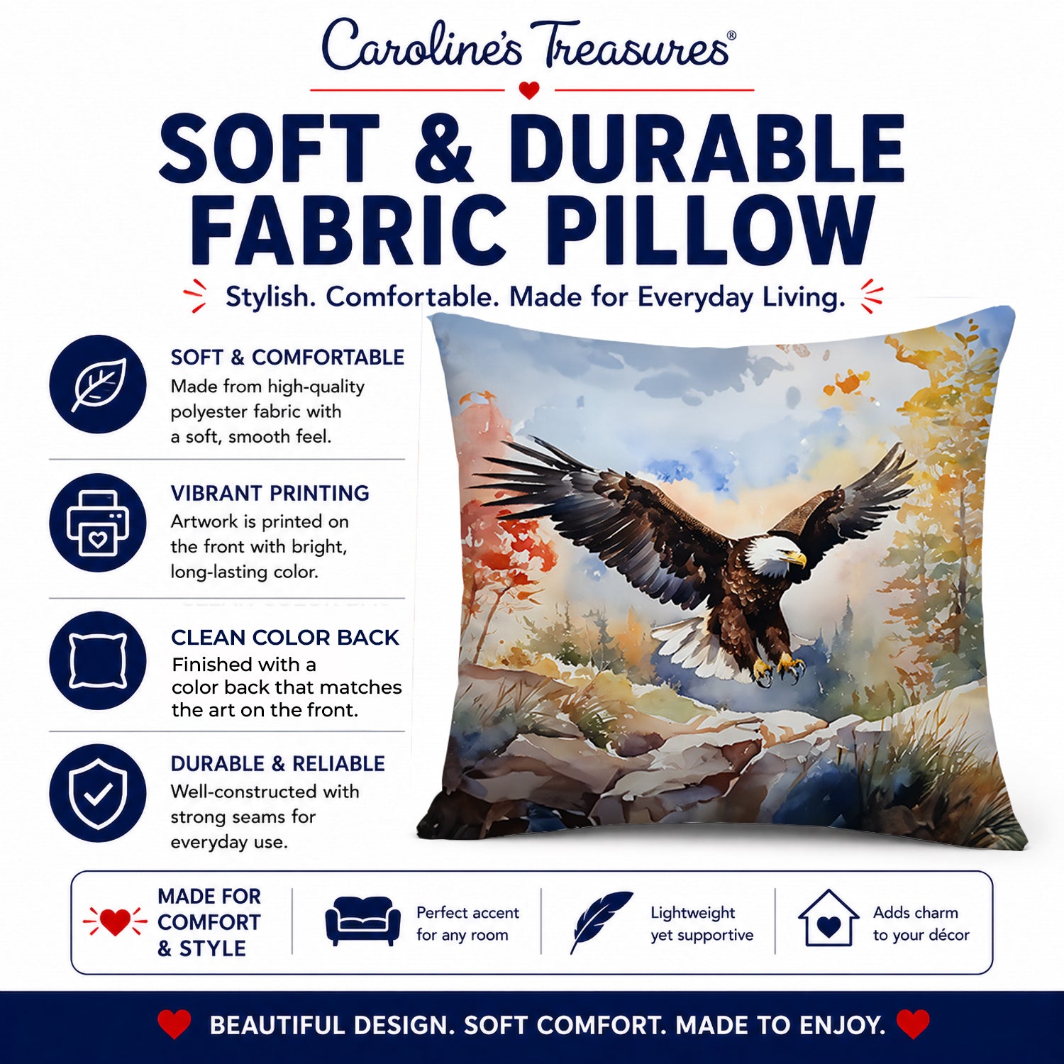 Bald Eagle Landing Wings Spread Decorative Throw Pillow 18x18 Indoor Outdoor Accent Cushion, Fabric Cover with Insert for Sofa, Bed, Porch & Living Room