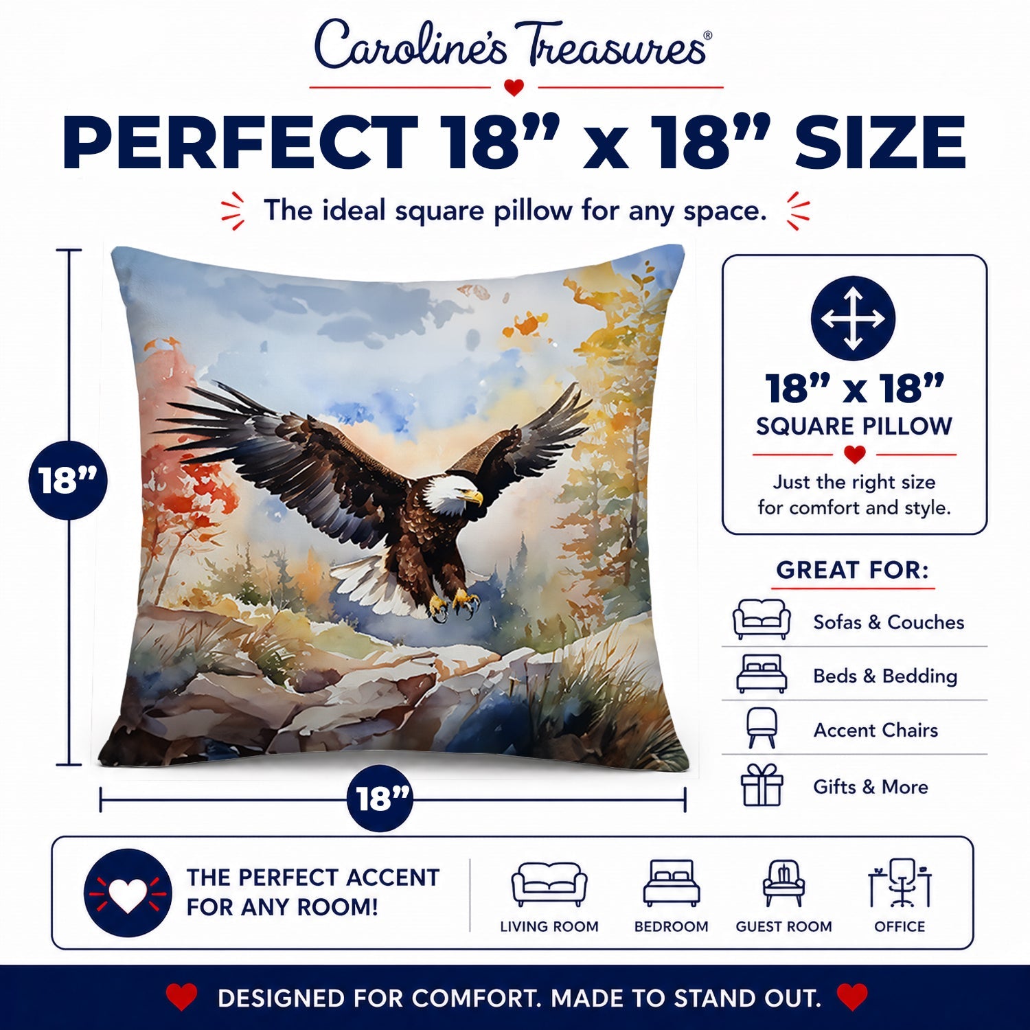 Bald Eagle Landing Wings Spread Decorative Throw Pillow 18x18 Indoor Outdoor Accent Cushion, Fabric Cover with Insert for Sofa, Bed, Porch & Living Room