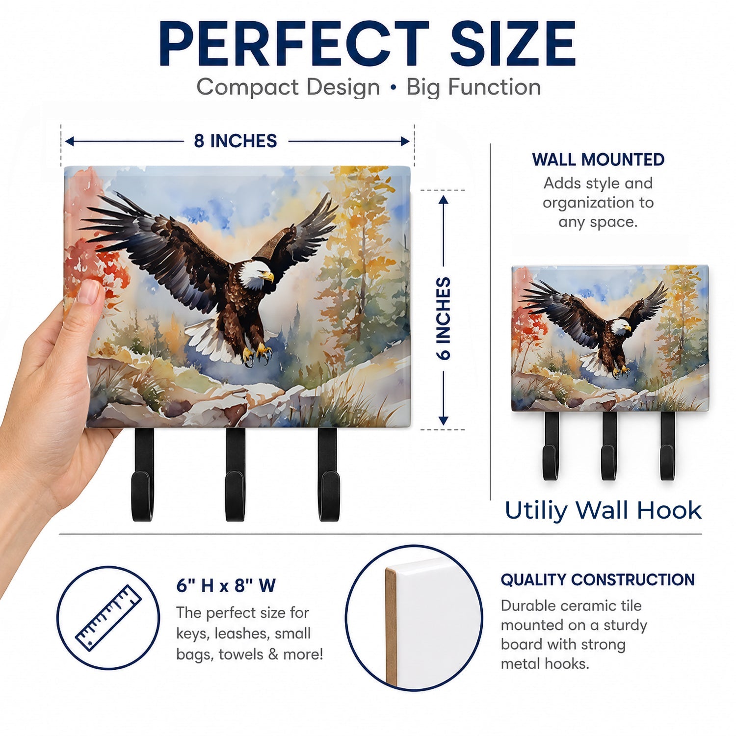 Bald Eagle Landing Wings Spread Leash or Key Holder Wall Hooks, Coat Rack Wall Mount, for Hanging Keys, Towels, Aprons, Leashes