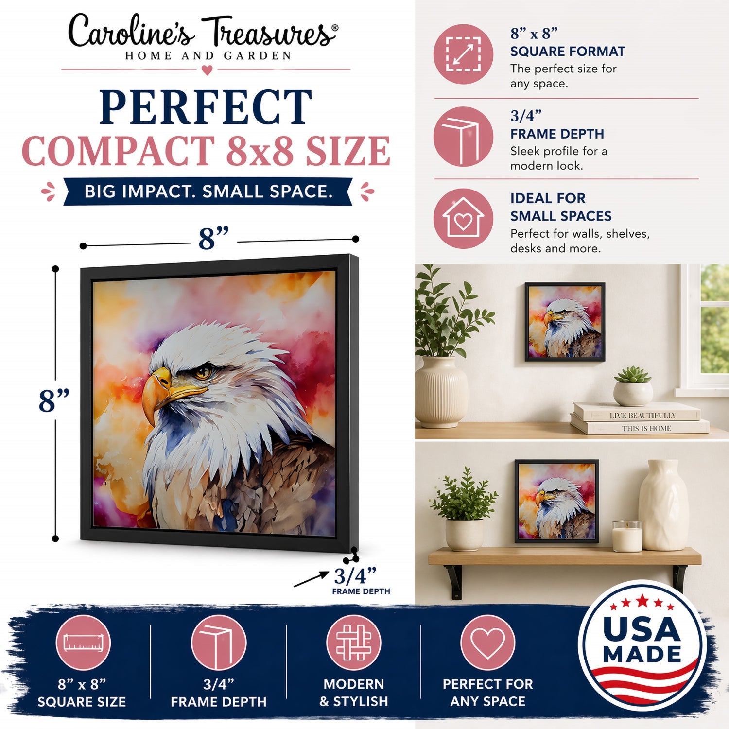 Bald Eagle Portrait Side View Framed Metal Print Bathroom, Kitchen, Office, Home Decor Wall Art Ready to Hang, Square, 8X8