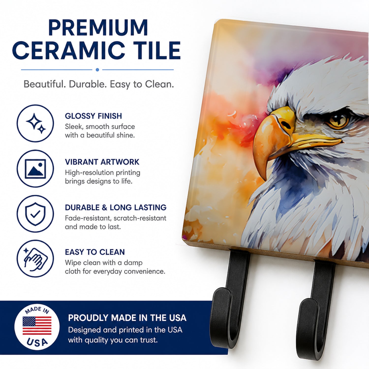 Bald Eagle Portrait Side View Leash or Key Holder Wall Hooks, Coat Rack Wall Mount, for Hanging Keys, Towels, Aprons, Leashes