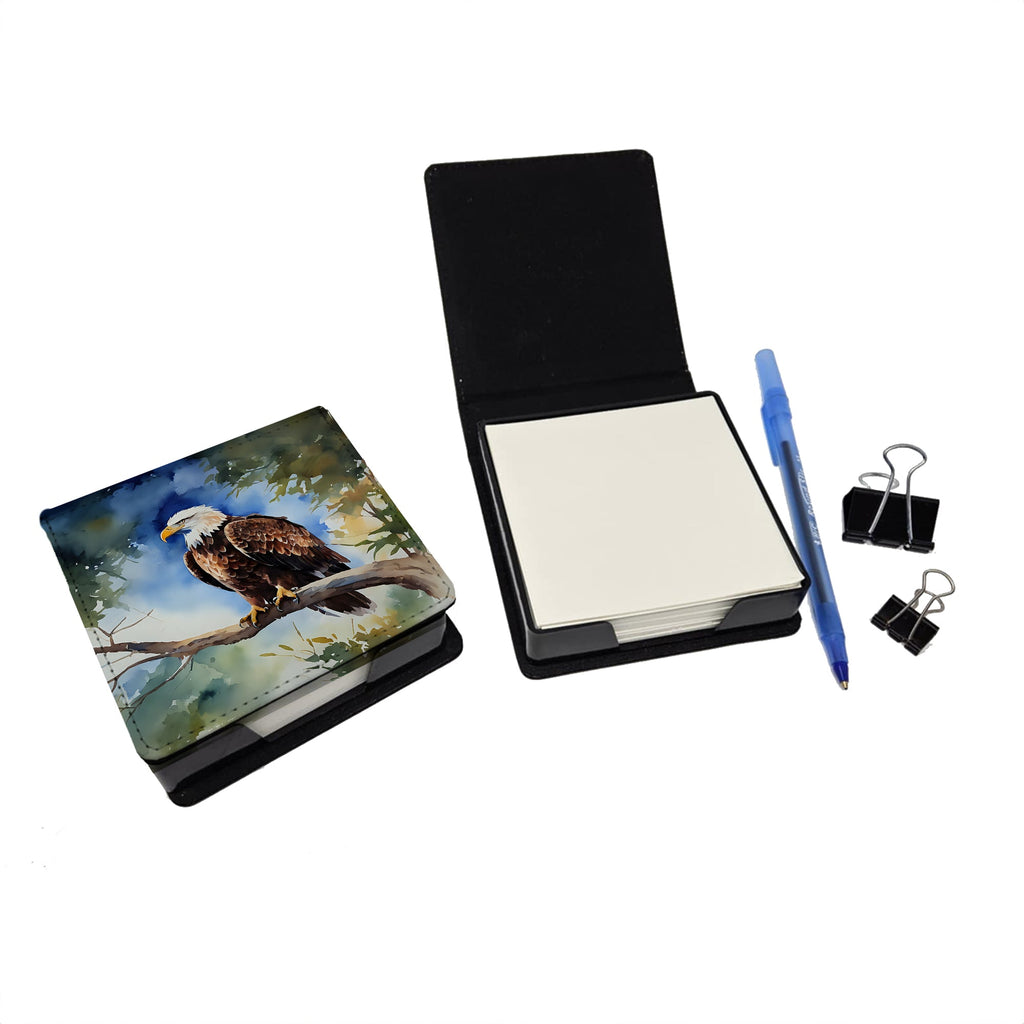 Bald Eagle Perched Tree Branch PU Leather Note Paper Holder with Artist-Designed Cover, Desk Accessory, Office Gift