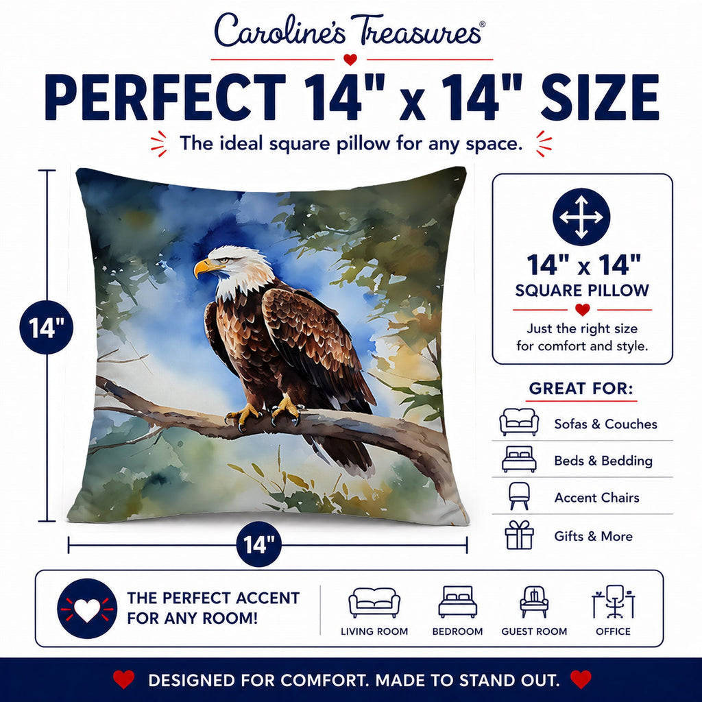 Bald Eagle Perched Tree Branch Decorative Throw Pillow 14x14 Indoor Outdoor Accent Cushion, Fabric Cover with Insert for Sofa, Bed, Porch & Living Room