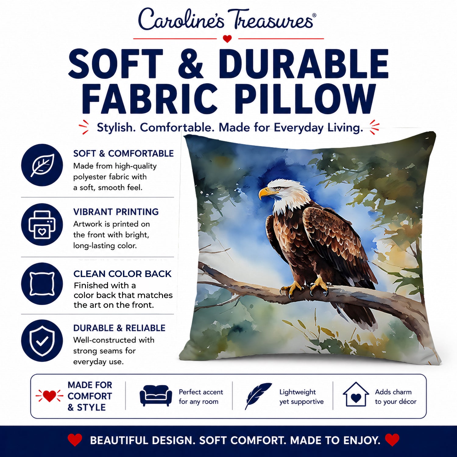 Bald Eagle Perched Tree Branch Decorative Throw Pillow 18x18 Indoor Outdoor Accent Cushion, Fabric Cover with Insert for Sofa, Bed, Porch & Living Room