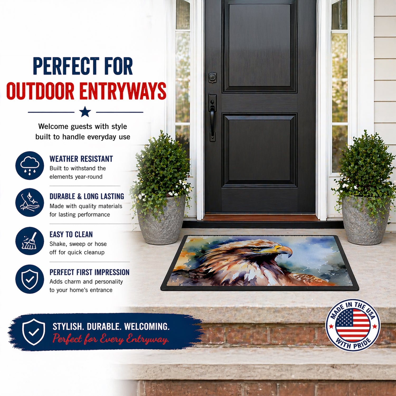 Bald Eagle Portrait Close Detail Doormat Indoor Outdoor 18H X 27W Front Door Mat Rugs for Entryway, Non Slip Washable