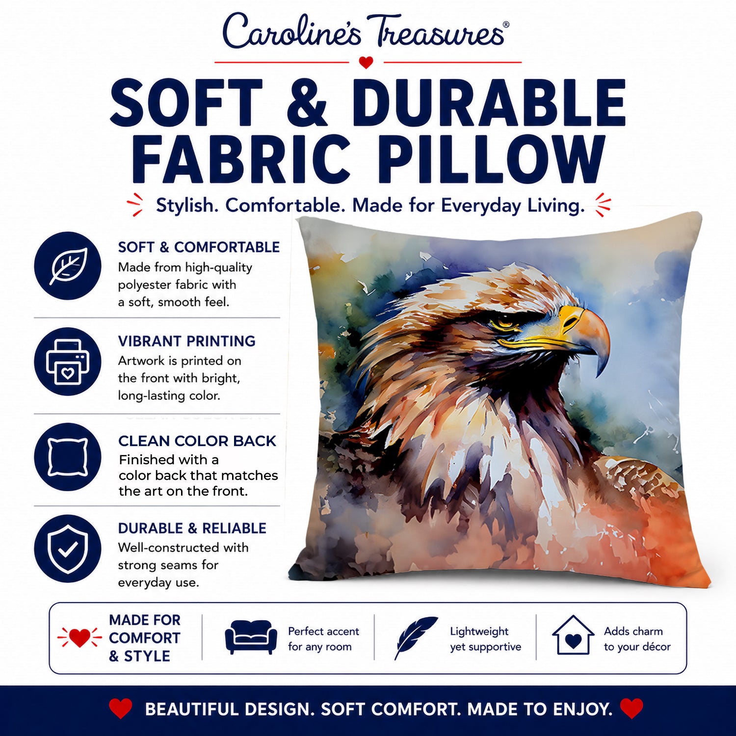Bald Eagle Portrait Close Detail Decorative Throw Pillow 18x18 Indoor Outdoor Accent Cushion, Fabric Cover with Insert for Sofa, Bed, Porch & Living Room