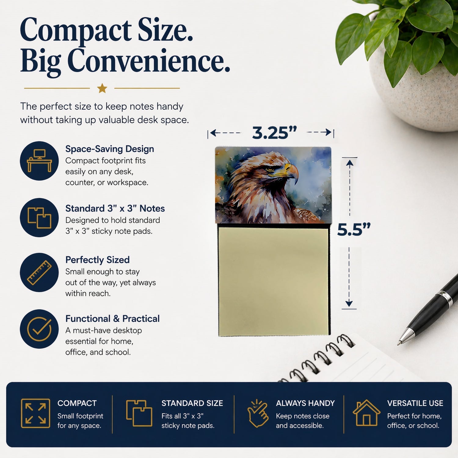 Bald Eagle Portrait Close Detail Watercolor Sticky Note Holder Refillable Dispenser Desk Accessory 3x3 Pad Gift