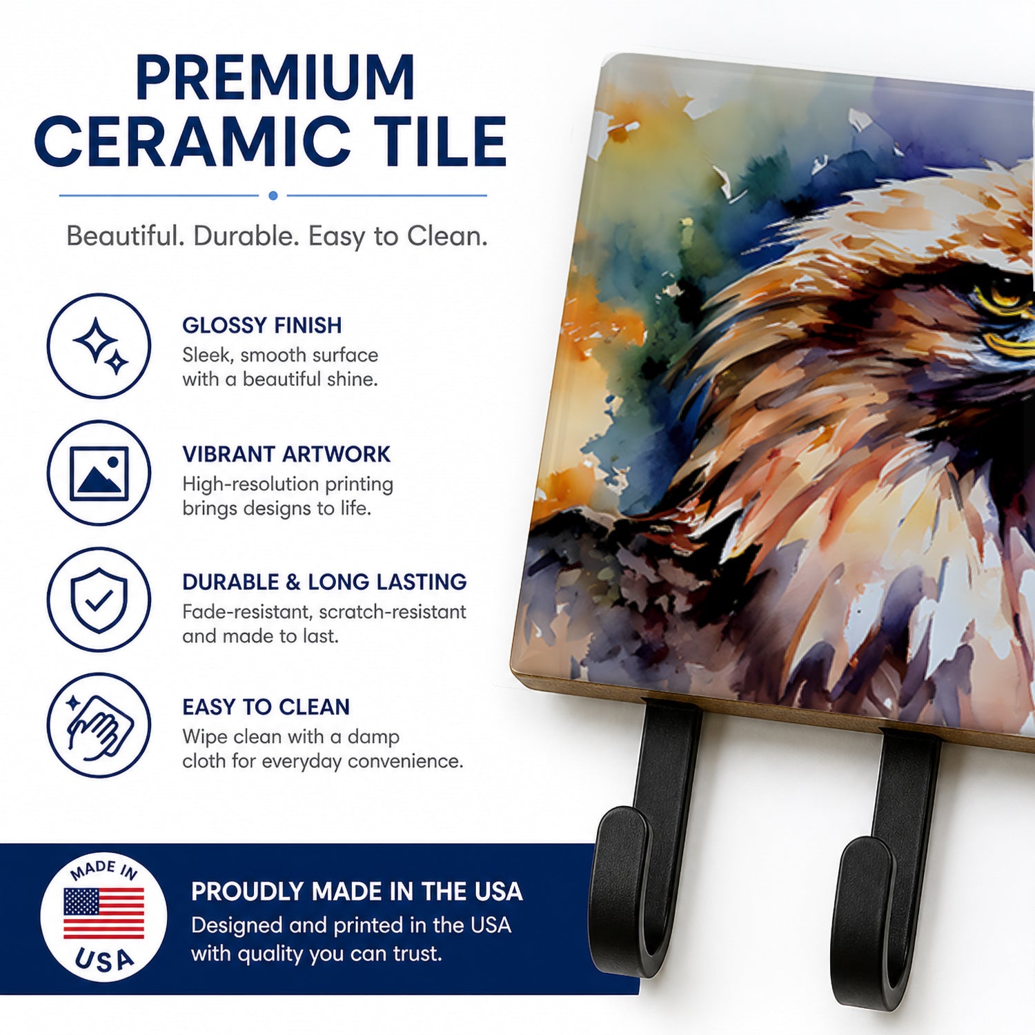 Bald Eagle Portrait Close Detail Leash or Key Holder Wall Hooks, Coat Rack Wall Mount, for Hanging Keys, Towels, Aprons, Leashes