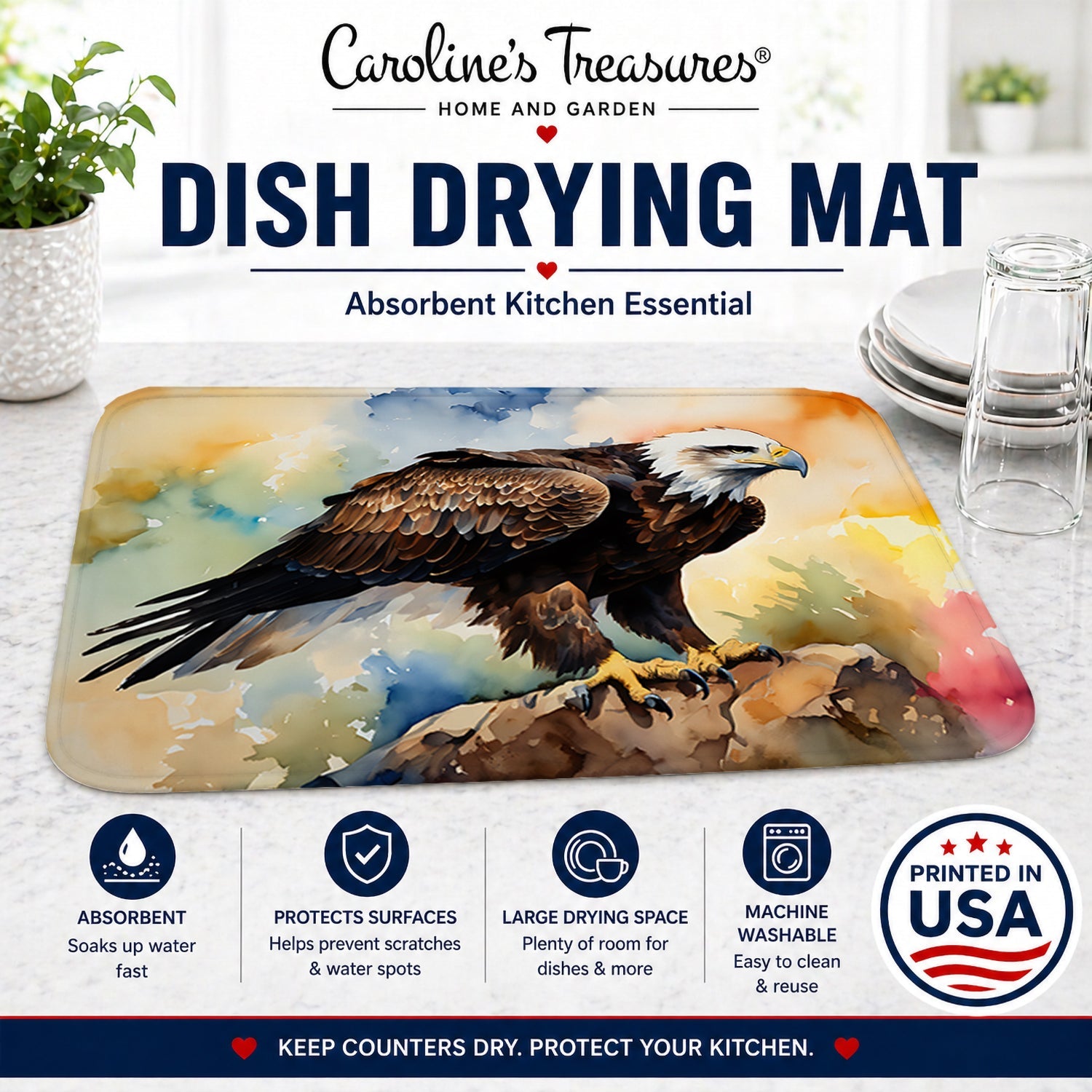 Bald Eagle Perched Rock Wildlife Dish Drying Mat Absorbent Dish Drying Mat Pad for Kitchen Counter Dish Drainer Mat for Countertop, 14 x 21", Multicolor