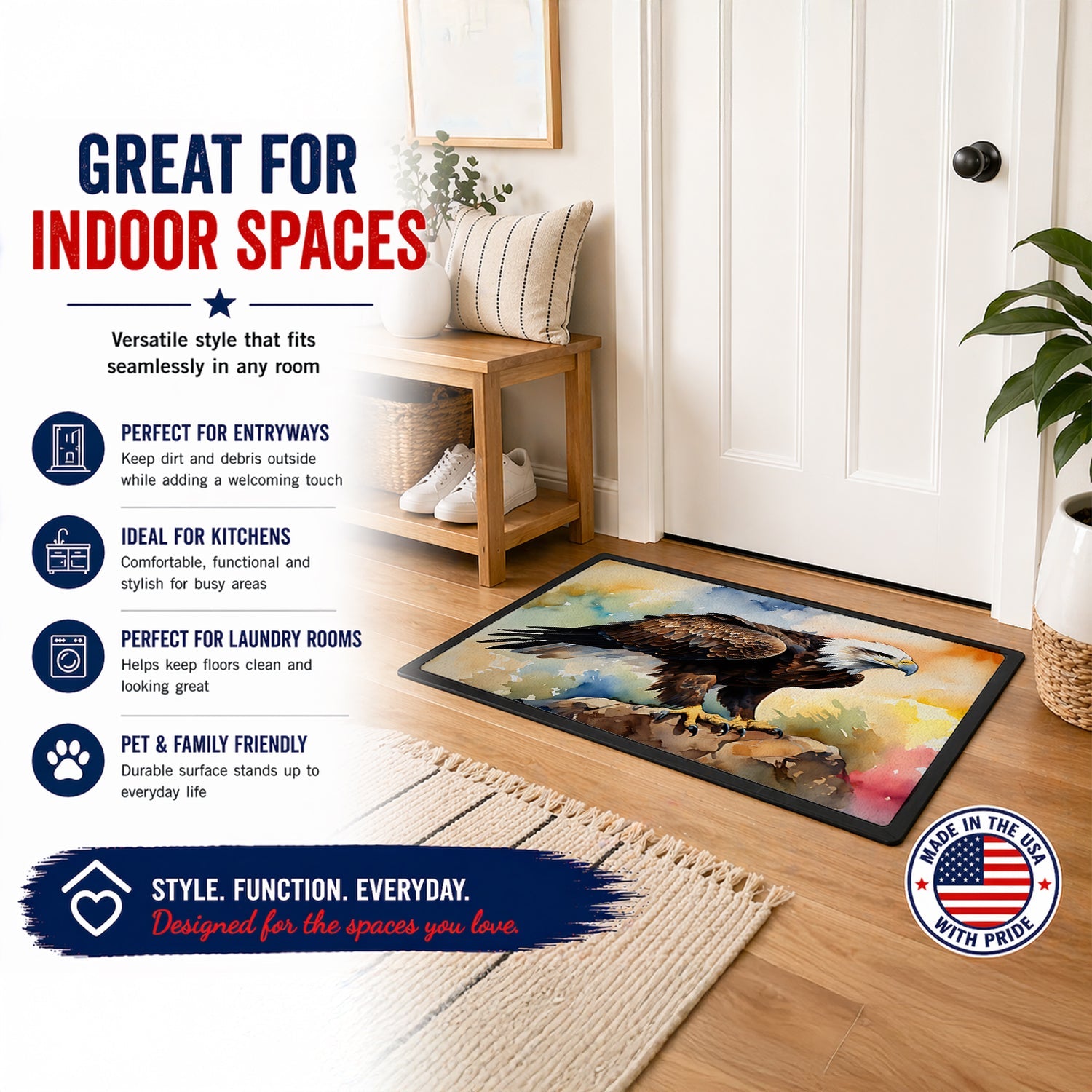 Bald Eagle Perched Rock Wildlife Doormat Indoor Outdoor 24H X 36W Front Door Mat Rugs for Entryway, Non Slip Washable Low Pile,