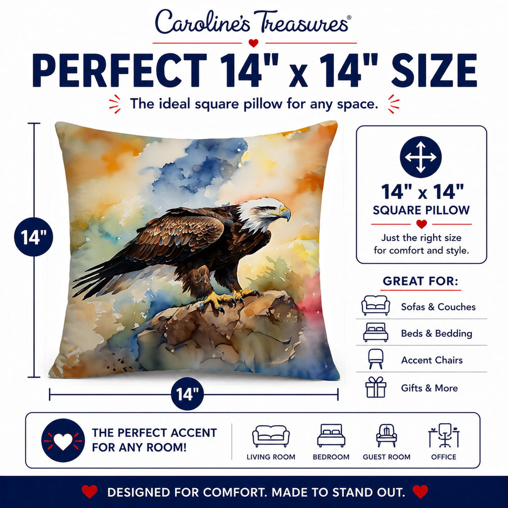 Bald Eagle Perched Rock Wildlife Decorative Throw Pillow 14x14 Indoor Outdoor Accent Cushion, Fabric Cover with Insert for Sofa, Bed, Porch & Living Room
