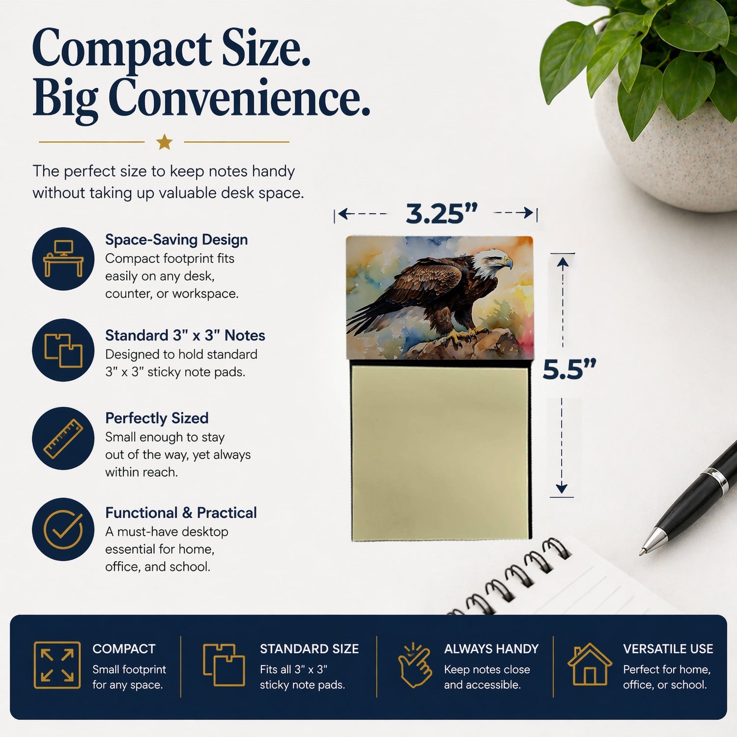 Bald Eagle Perched Rock Wildlife Watercolor Sticky Note Holder Refillable Dispenser Desk Accessory 3x3 Pad Gift