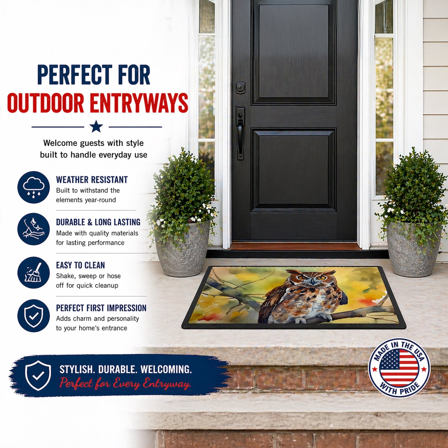 Eastern Screech Owl Wildlife Portrait Doormat Indoor Outdoor 24H X 36W Front Door Mat Rugs for Entryway, Non Slip Washable Low Pile,